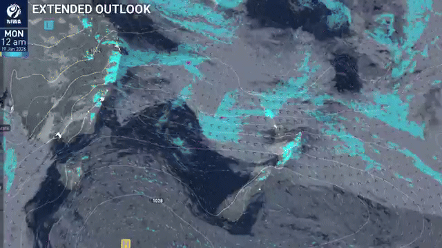Niwa Weather's extended outlook shows heavy rain hitting the North Island later this week which eventually makes its way down to the South Island. Video / Niwa Weather