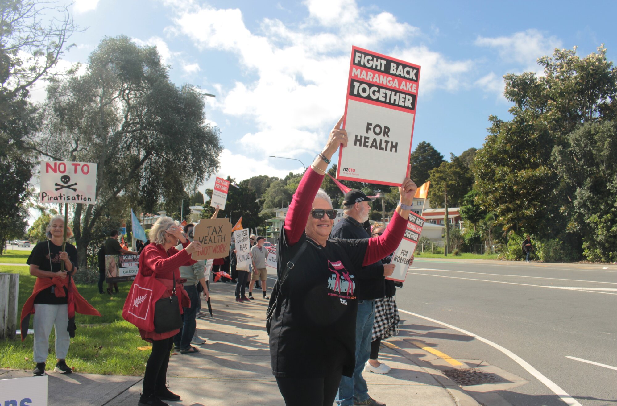 Whangārei home caregiver Sharon Clements was among those showing unity for better health services, in addition to the nationwide strike by Association of Salaried Medical Specialists senior doctors. Photo / Denise Piper