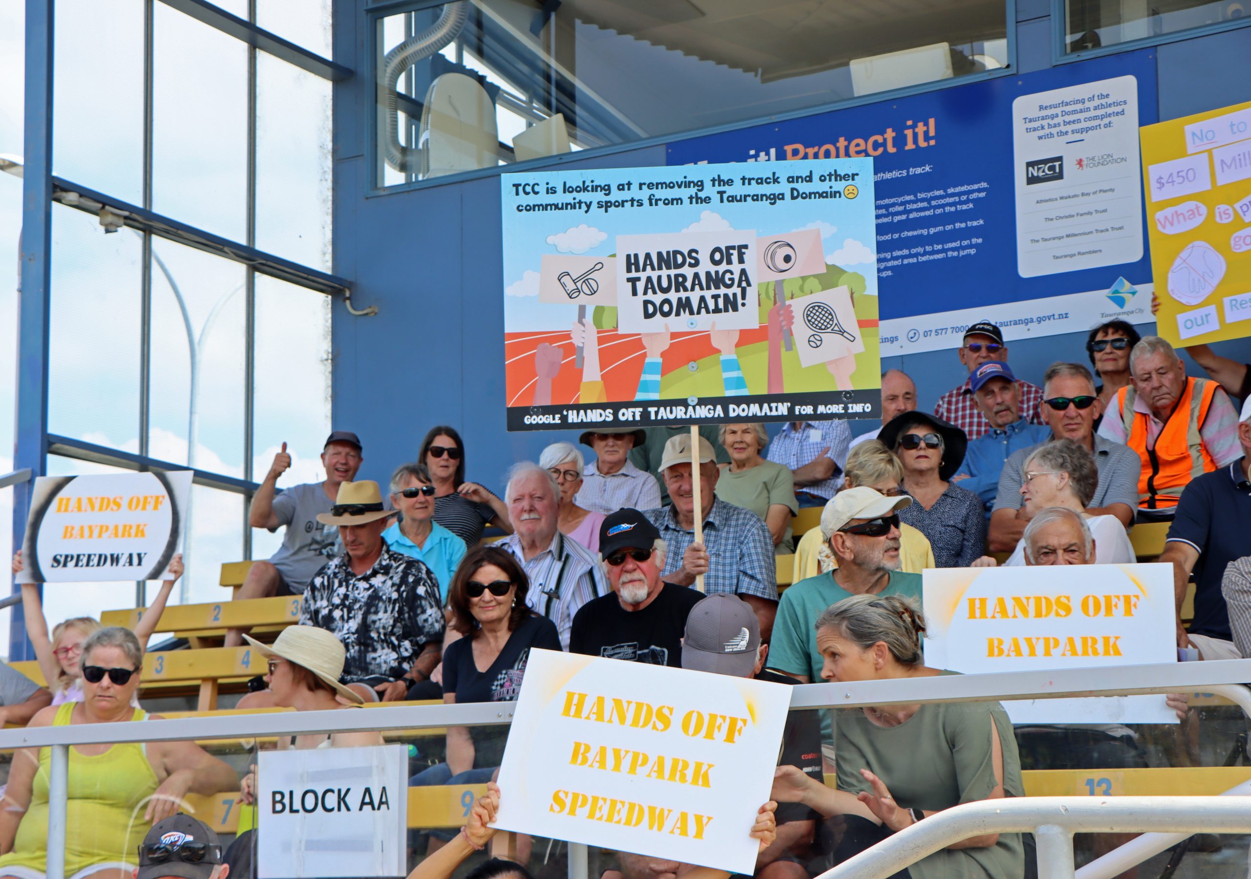 Some of the 400 strong crowd at the protest against the masterplans and proposed Tauranga Domain stadium in March. Photo / Alisha Evans