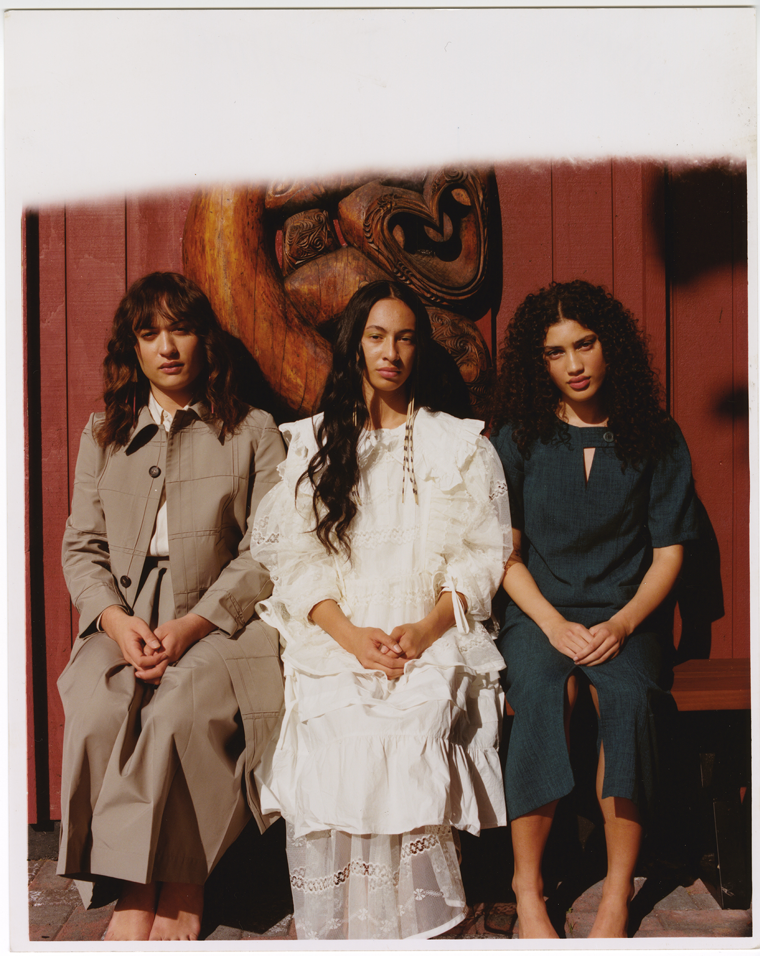 Left to right: Three diverse brands unite at Ngāti Whātua Ōrākei mare. Awa wears an outfit by James Bush, Arihia wears an outfit by Campbell Luke and Leonie wears a dress by Kate Sylvester. Photo / Rob Tennent