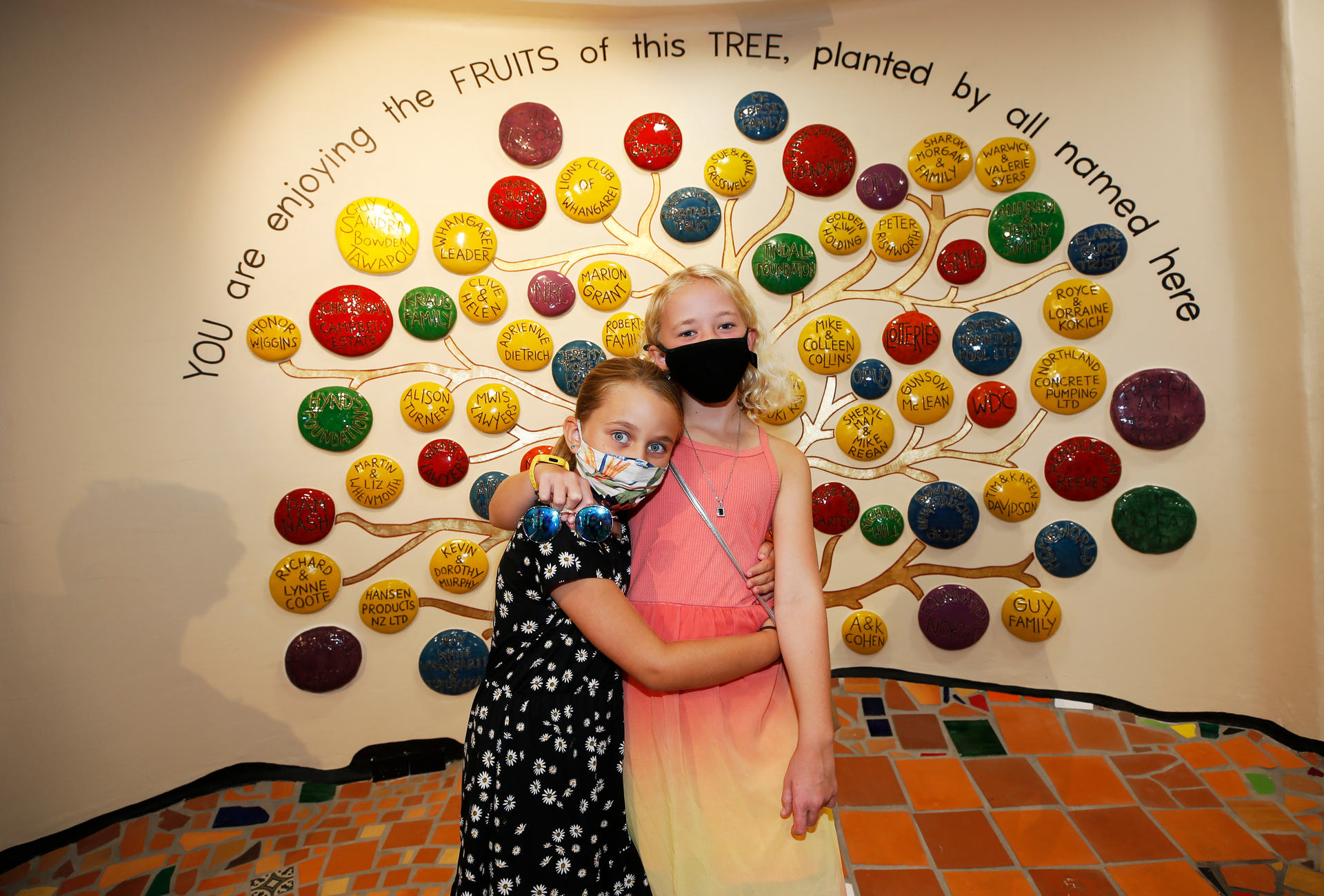 riends Zara Harris, 8, and Oceana Jones, 9, from Whangarei are some of the first members of the public to visit the Hundertwasser Art Centre. Photo / Michael Cunningham