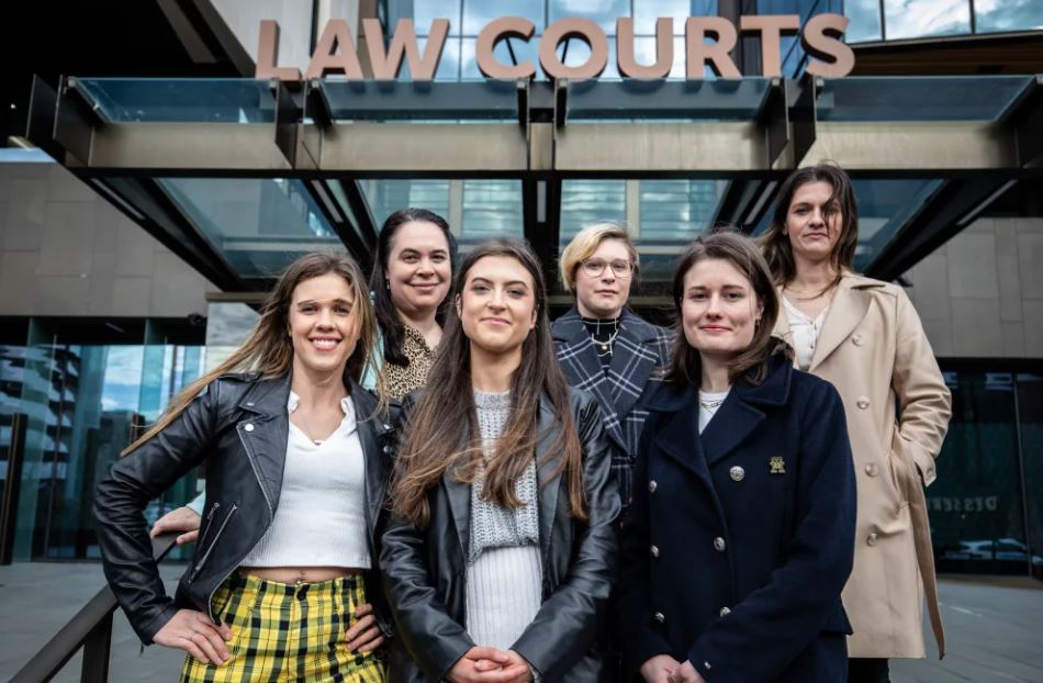 Former Gloriavale members (from left), Crystal Loyal, Virginia Courage, Serenity Pilgrim, Anna Courage, Rose Standtrue and Pearl Valor were found to be employees, not volunteers. Photo / RNZ 