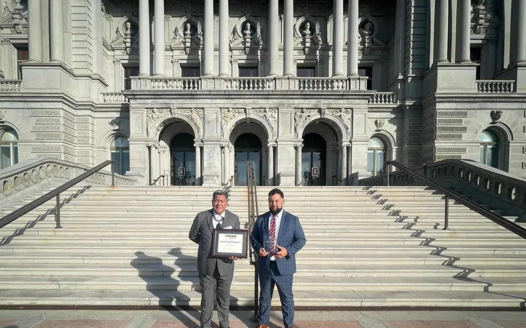 Hohepa Campbell (left) outside the Library of Congress. Photo? Supplied, Hohepa Campbell