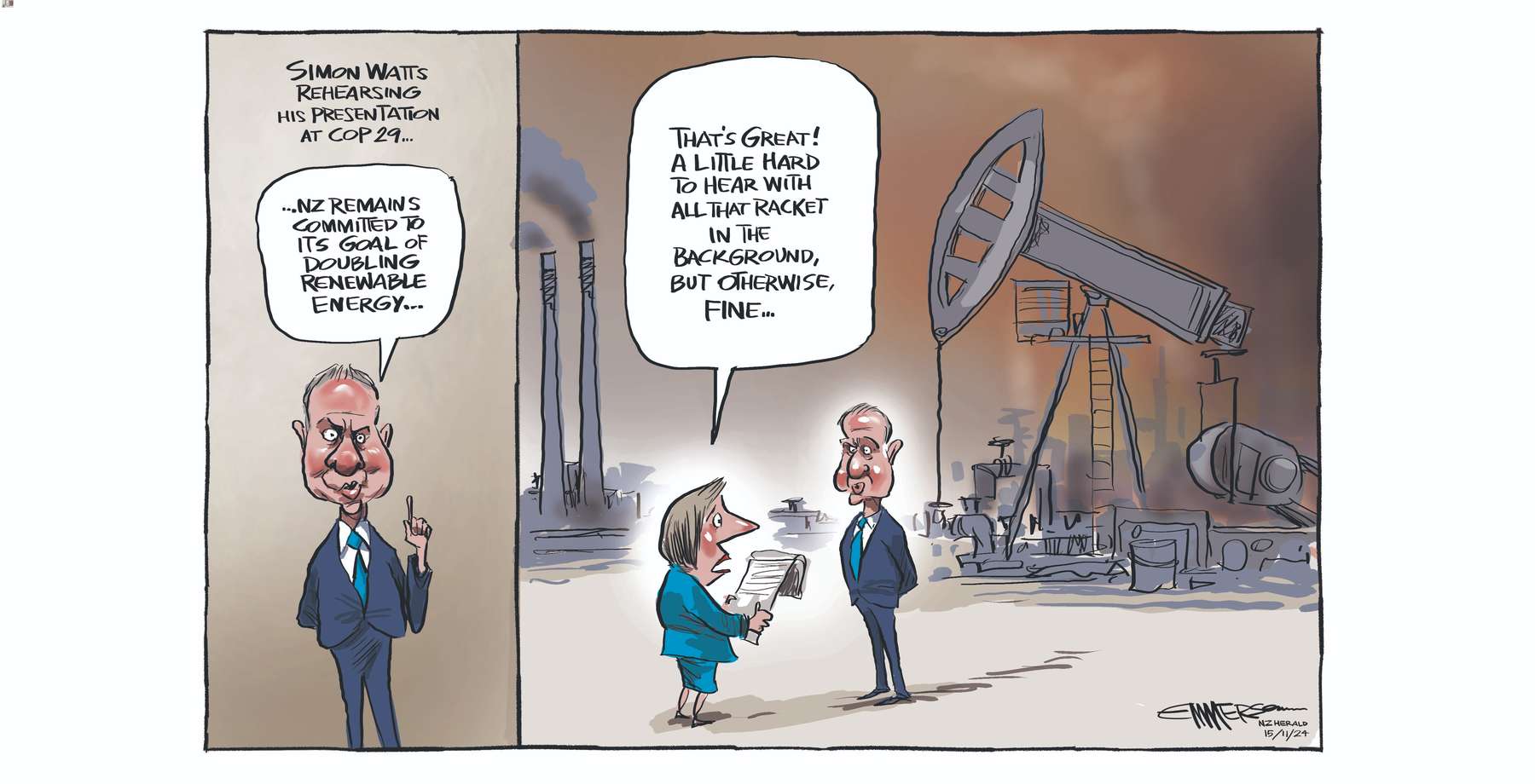 Climate Change Minister Simon Watts has been at the COP29 conference. Illustration / Rod Emmerson 