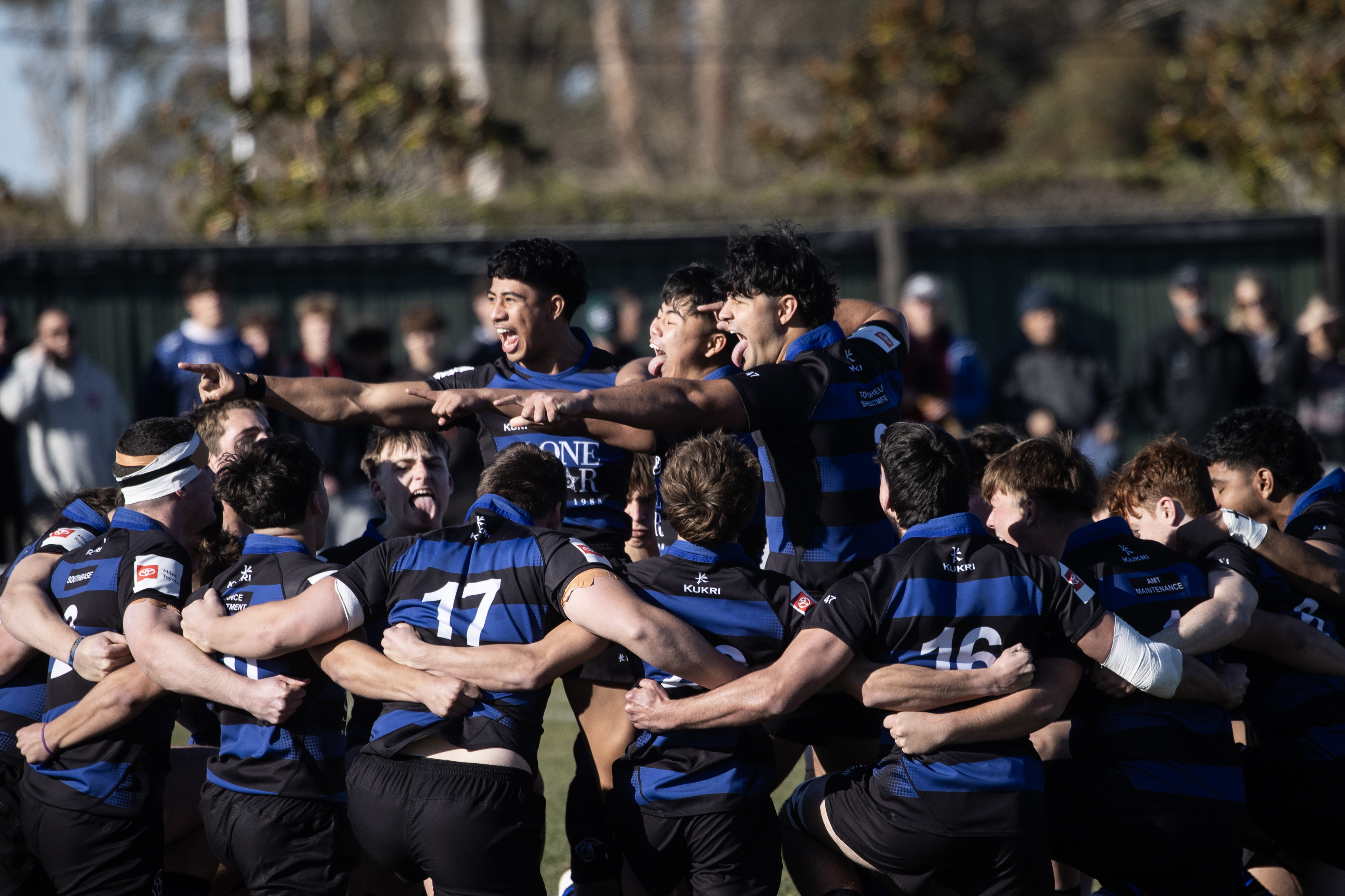 The Christchurch Boys' High School First XV haka before the game. Photo / George Heard
