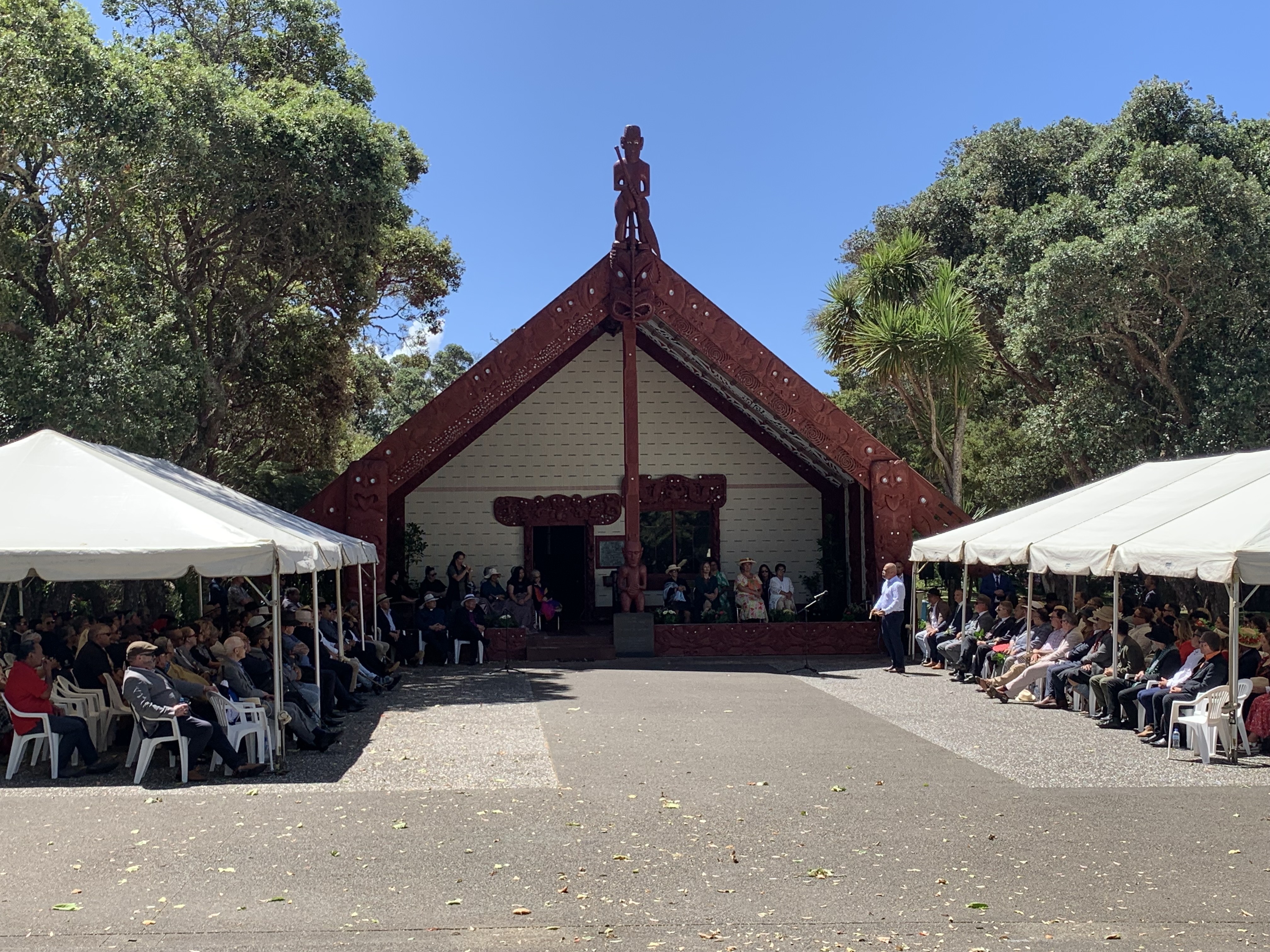 Labour's Peeni Henare speaking on the atea at Te Whare Runanga at the Waitangi Treaty Grounds. Photo / Adam Pearse
