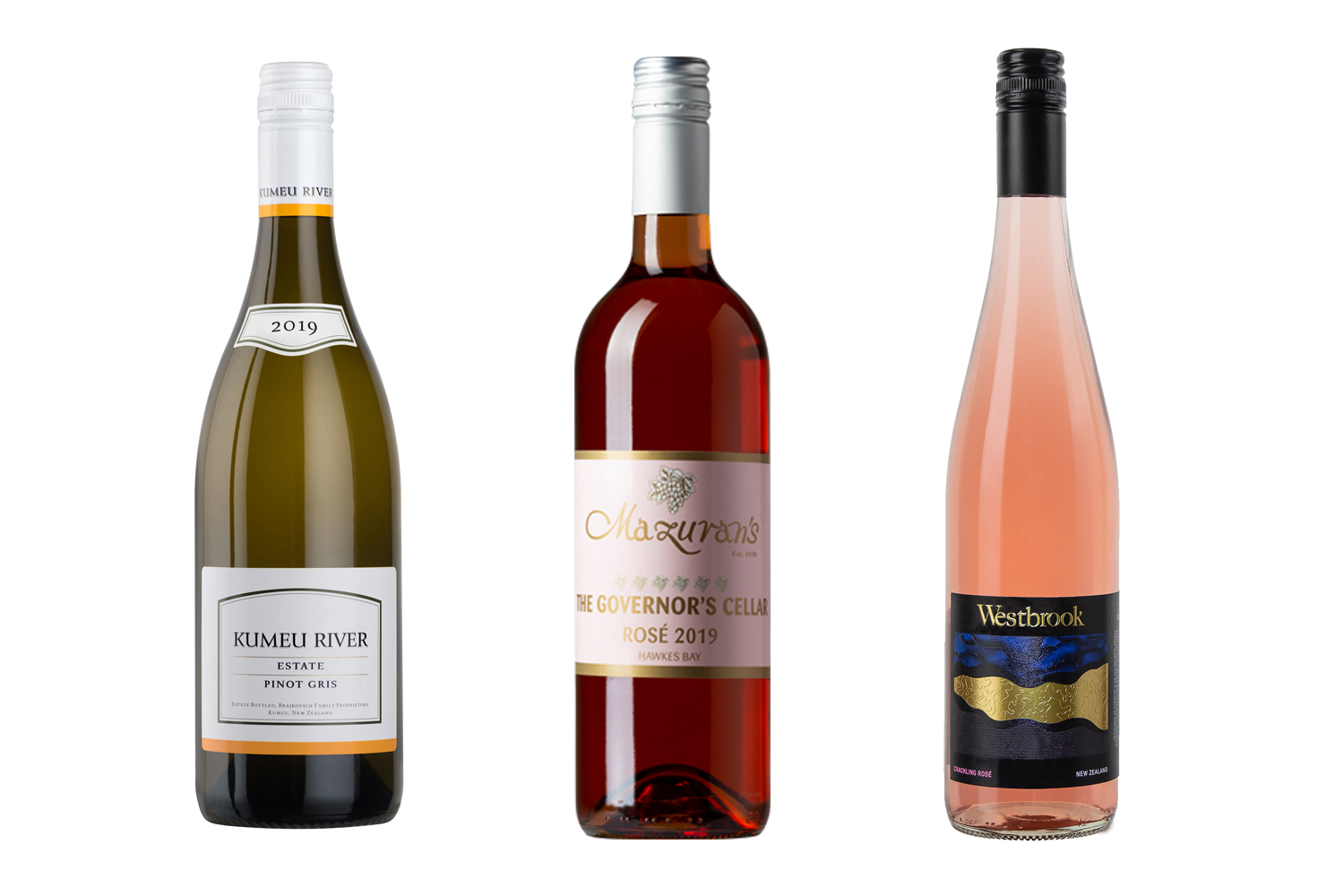 Left to right: 2019 Kumeu River Pinot Gris $27.50. Mazuran's The Governor's Cellar Rose 2019 Hawke's Bay $39. Westbrook Crackling Rose Waimauku 2020, $25. Photos / Supplied.
