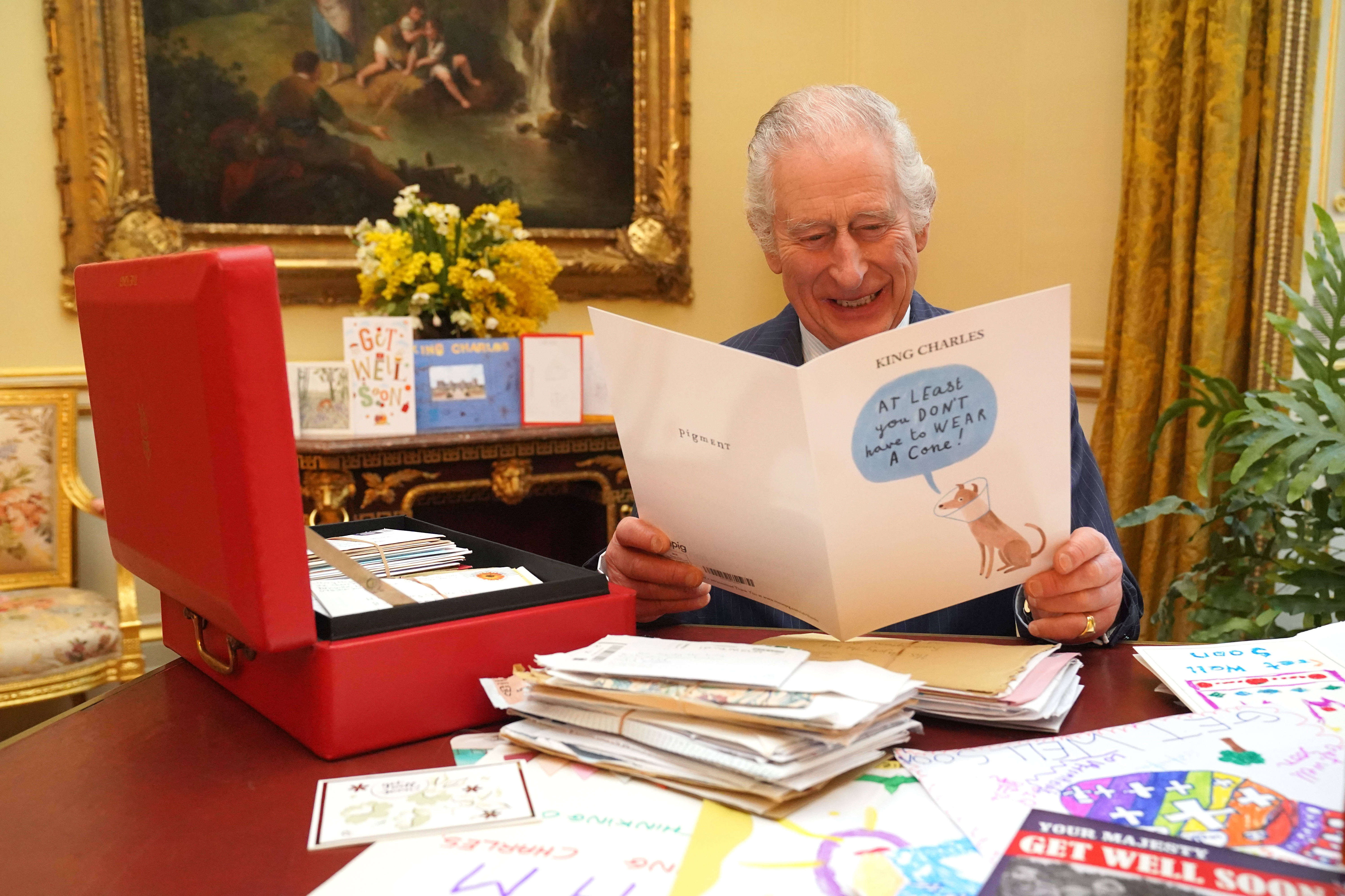 King Charles III reads cards and messages, sent by well-wishers following his cancer diagnosis, in Buckingham Palace. Photo / Pool/Getty Images
