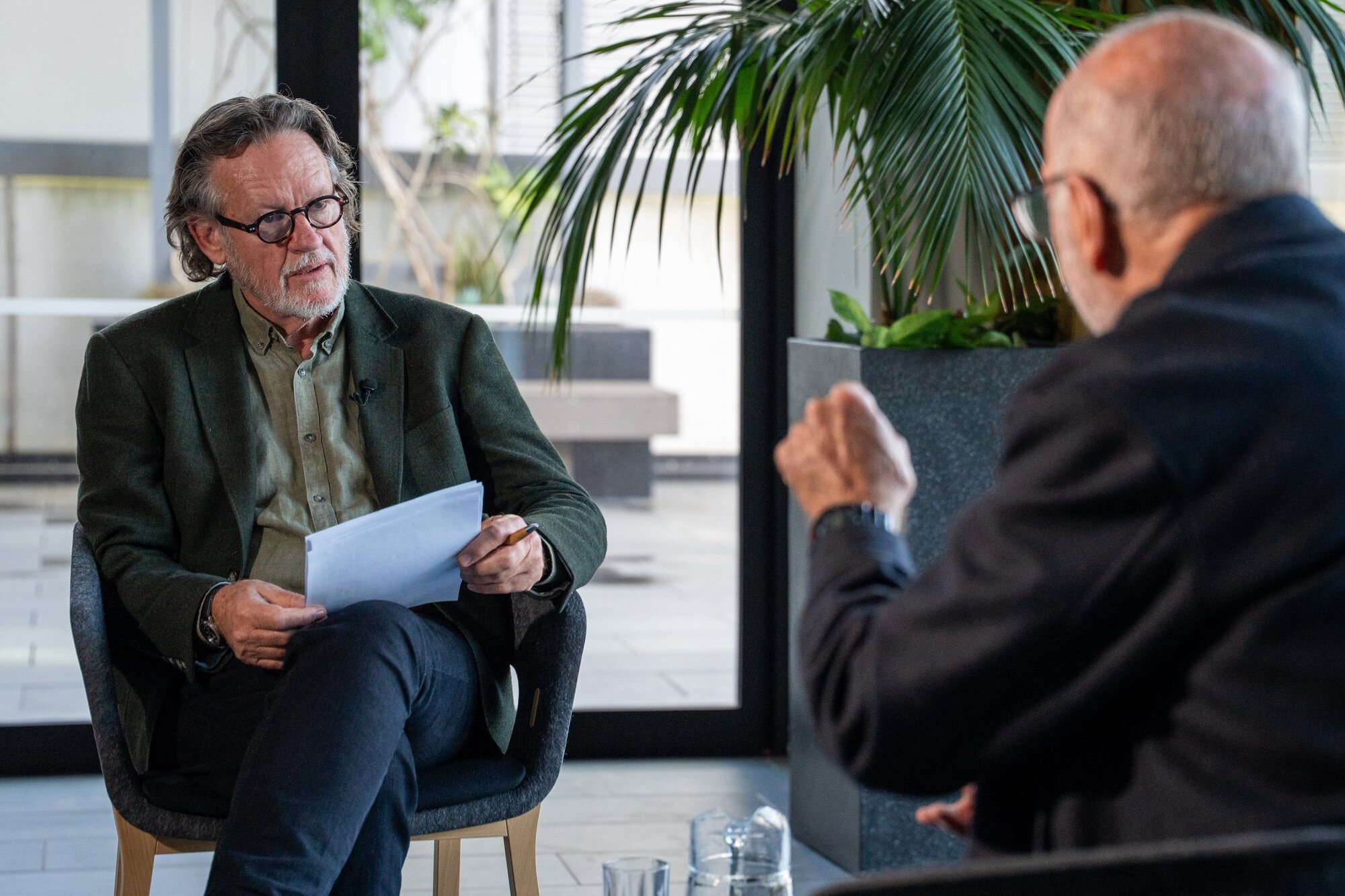Herald journalist Simon Wilson (left) interviews Wayne Brown at the NZME building in Auckland.  Photo / Corey Fleming 
