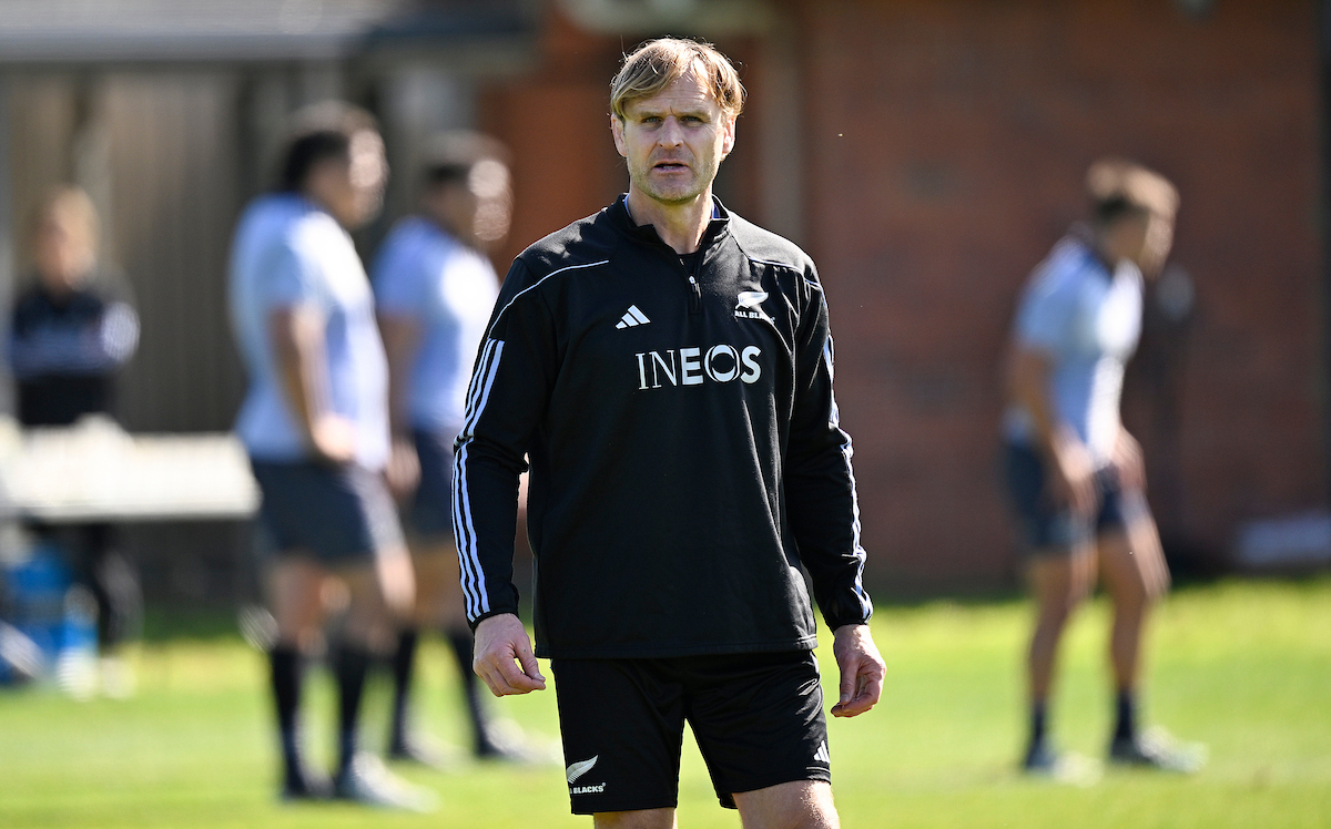 All Blacks head coach Scott Robertson during a training session, sporting the Ineos logo on his jacket. Photo / Photosport