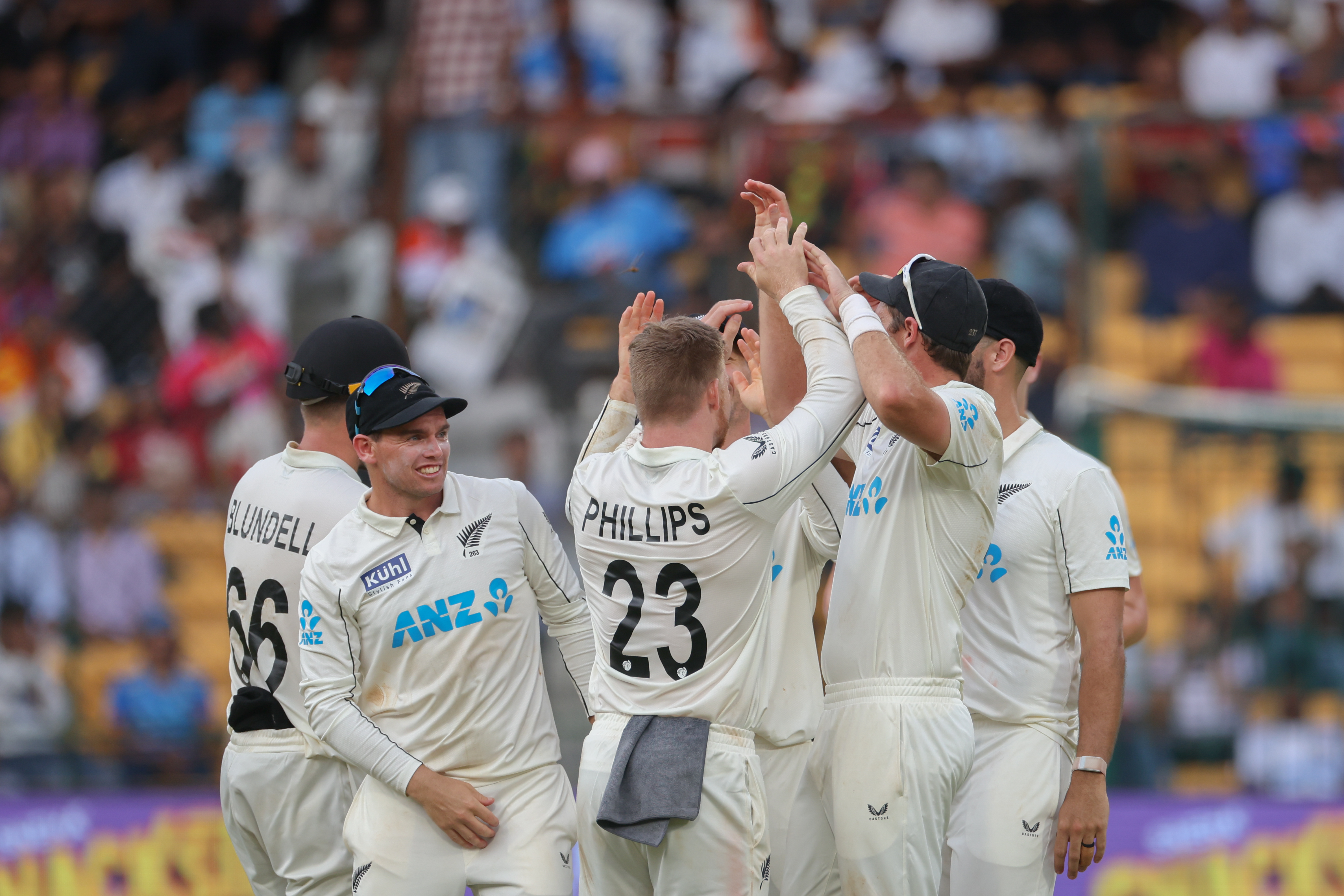 New Zealand celebrate the wicket of Virat Kohli. Photo / Getty Images