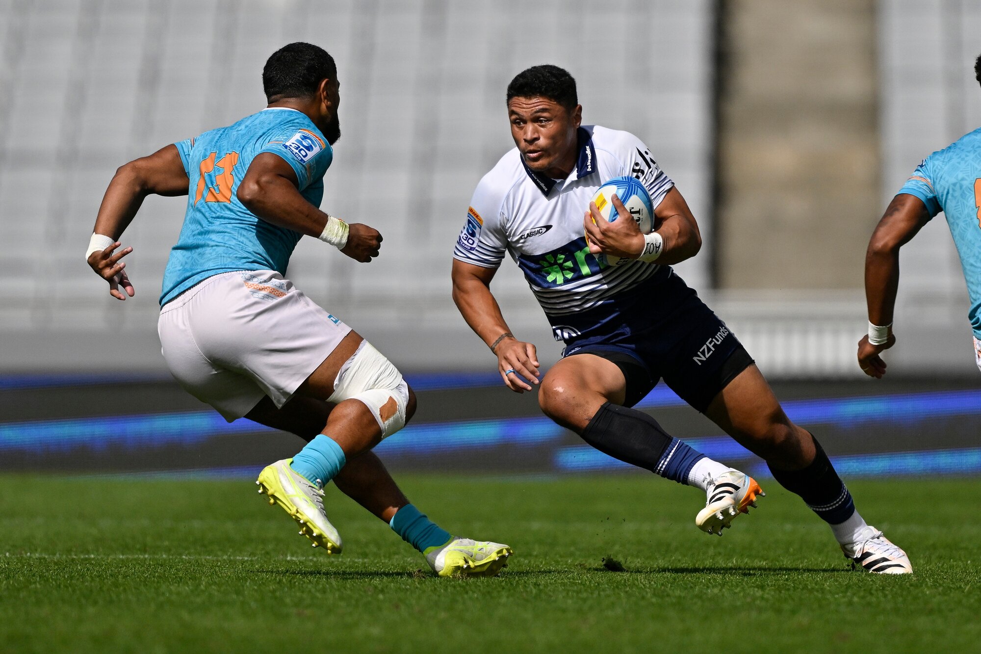 Caleb Clarke takes a carry for the Blues against Moana Pasifika. Photo / Photosport