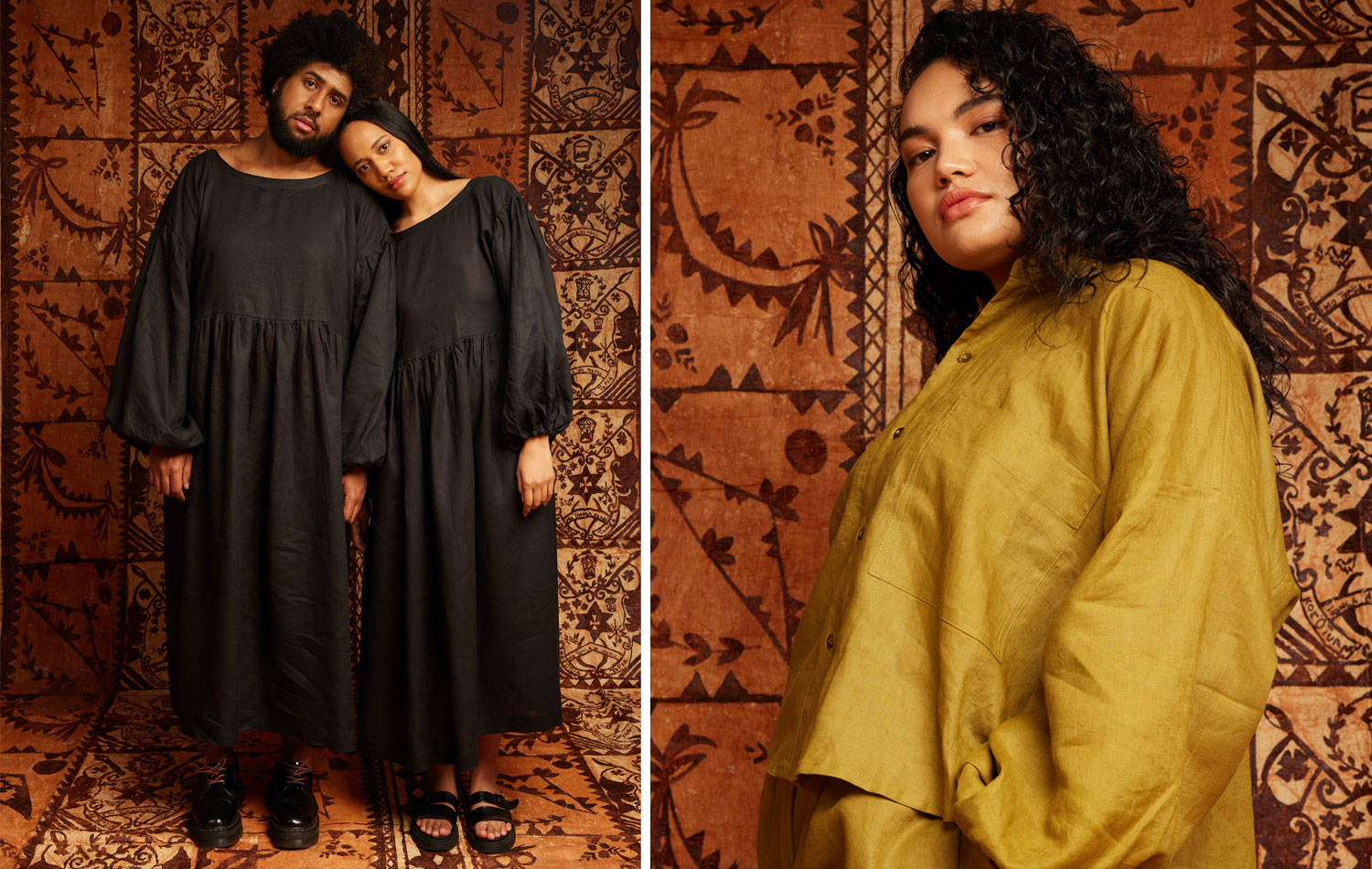 Peter and Tahiri wear the reversible Bubu dress. Jalaina wears Dee shirt. Photos / Apela Bell