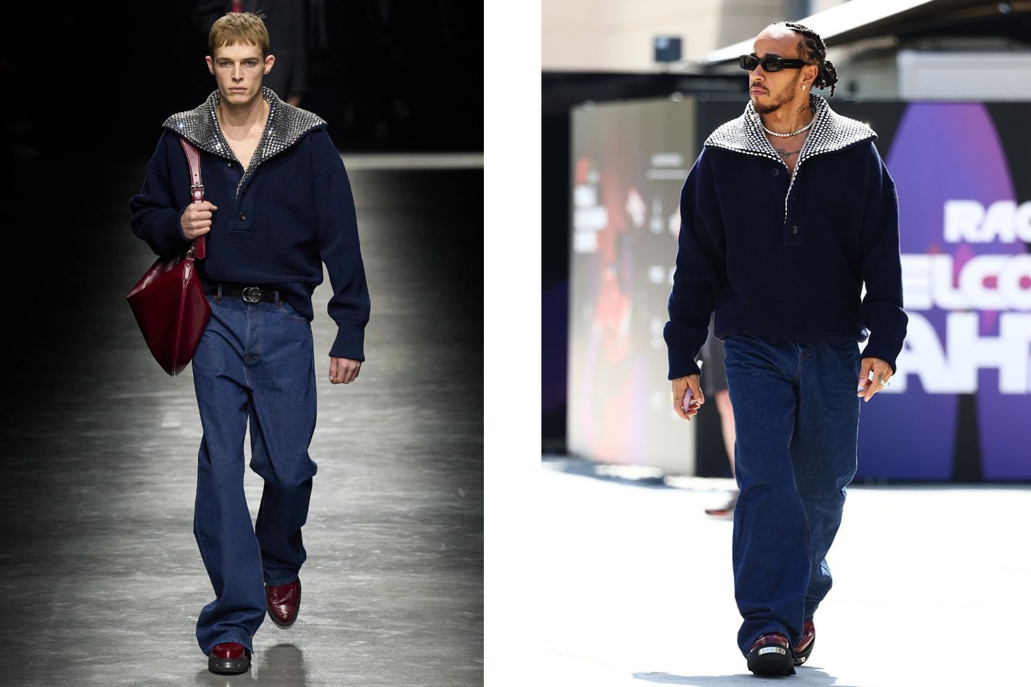 A look from Gucci's fall 2024 runway worn immediately after by Lewis Hamilton at the Grand Prix in Bahrain in August. Photos / Getty Images
