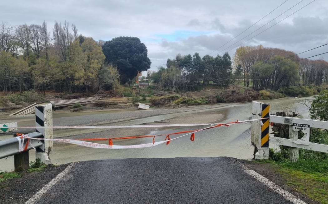 Puketapu Bridge was swept away in Cyclone Gabrielle. Photo / RNZ / Lauren Crimp
