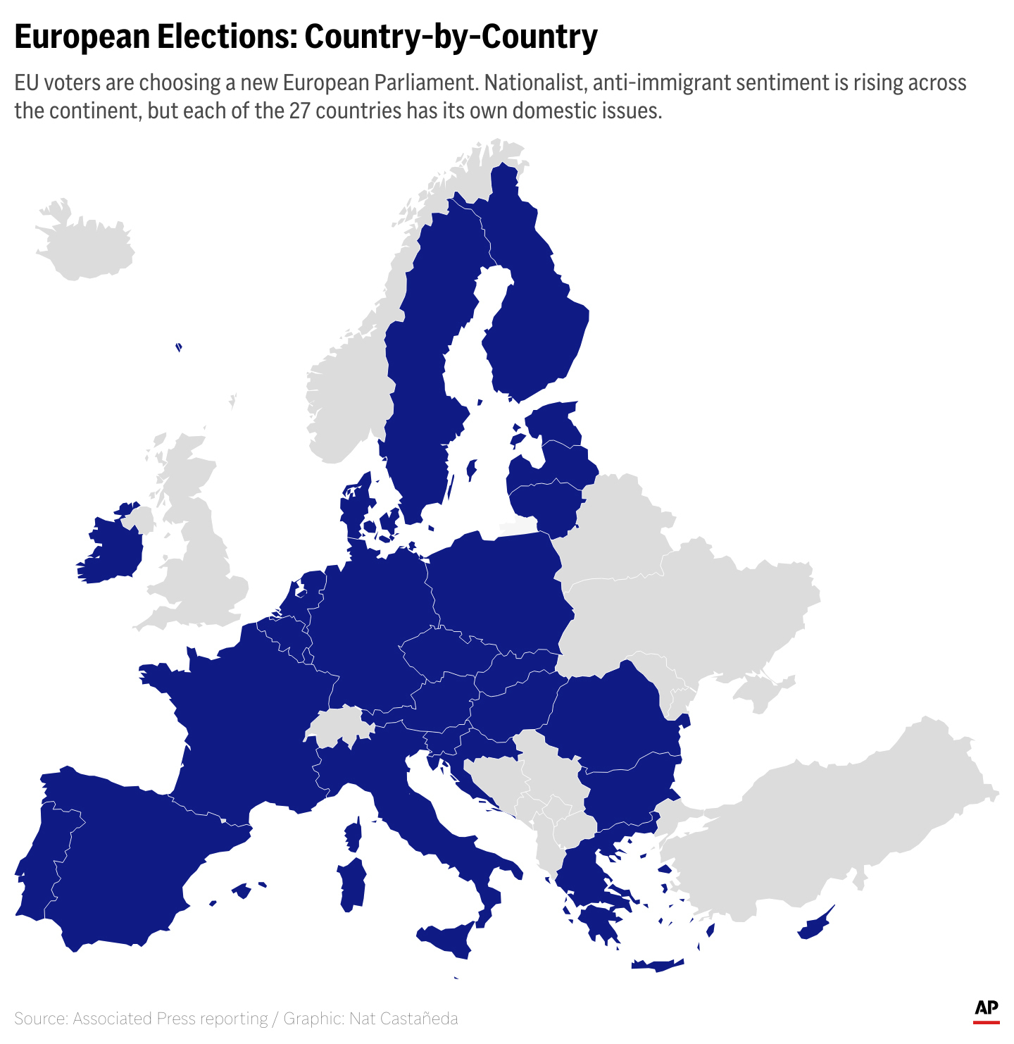 EU voters are choosing a new European parliament. Nationalist, anti-immigrant sentiment is rising across the continent, but each of the 27 countries have their own domestic issues, too. Image / AP