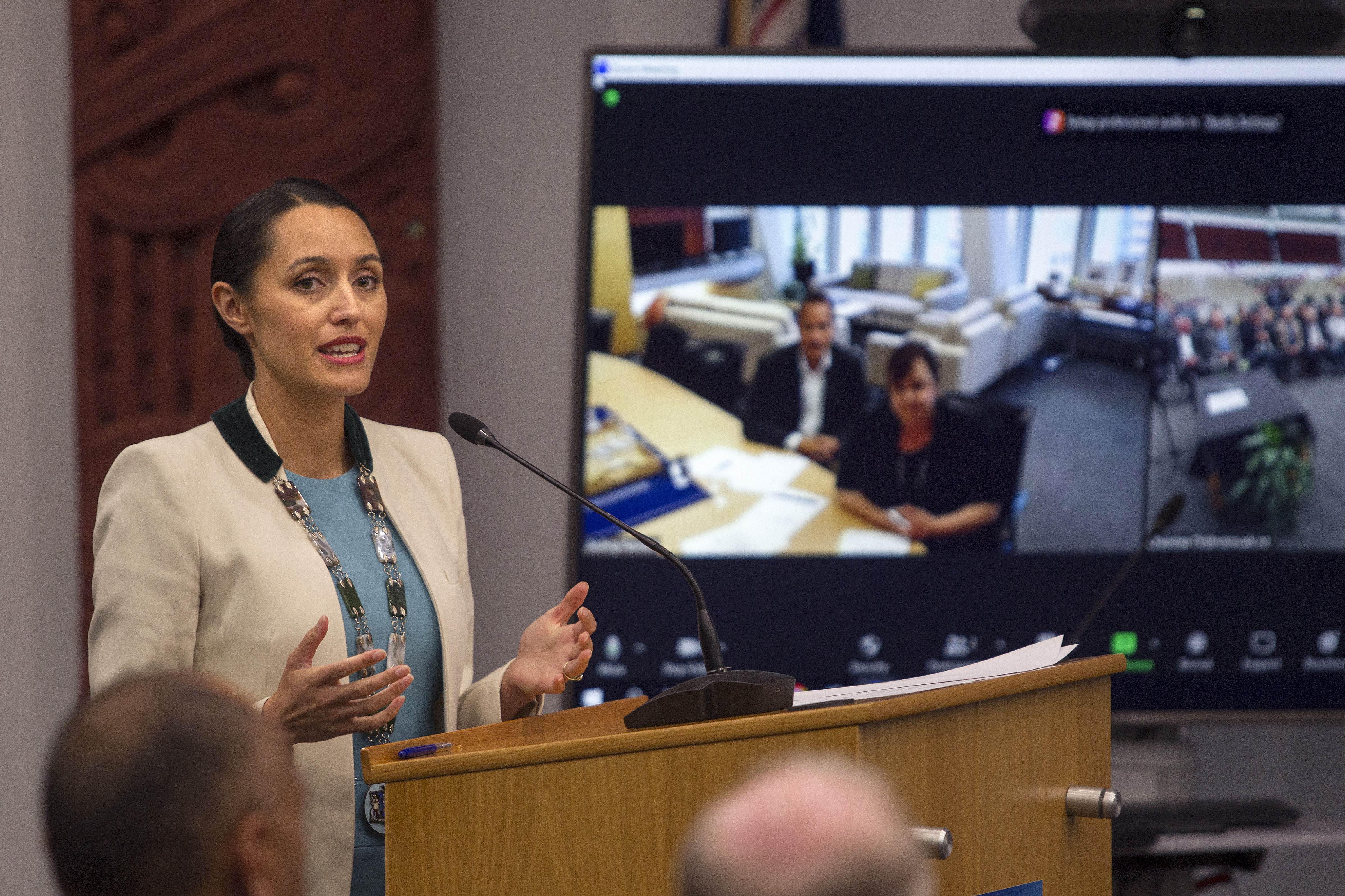 Rotorua mayor Tania Tapsell, with Housing Minister Megan Woods appearing via video conference. Photo / Ben Fraser