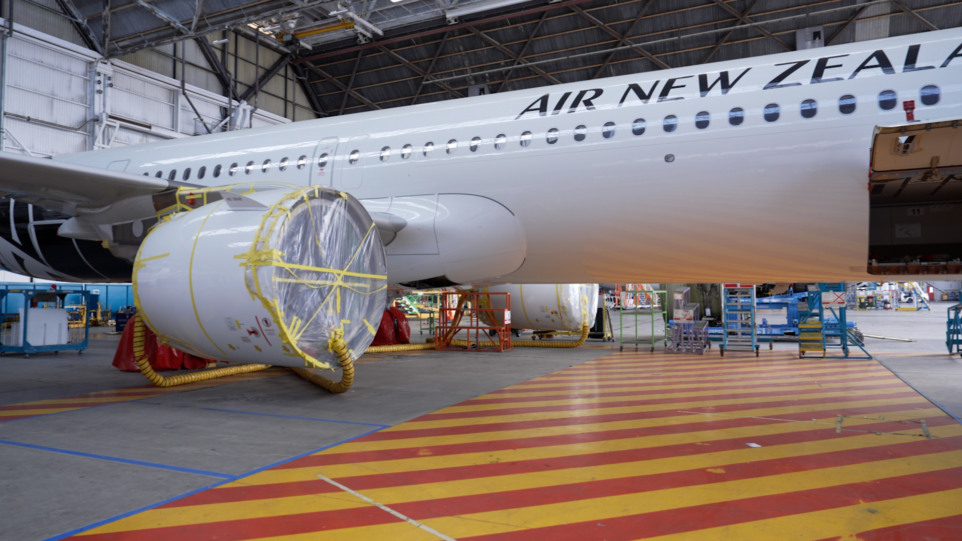 An unusable Airbus aircraft in Air New Zealand's hangar at Auckland Airport. Photo / Cameron Pitney