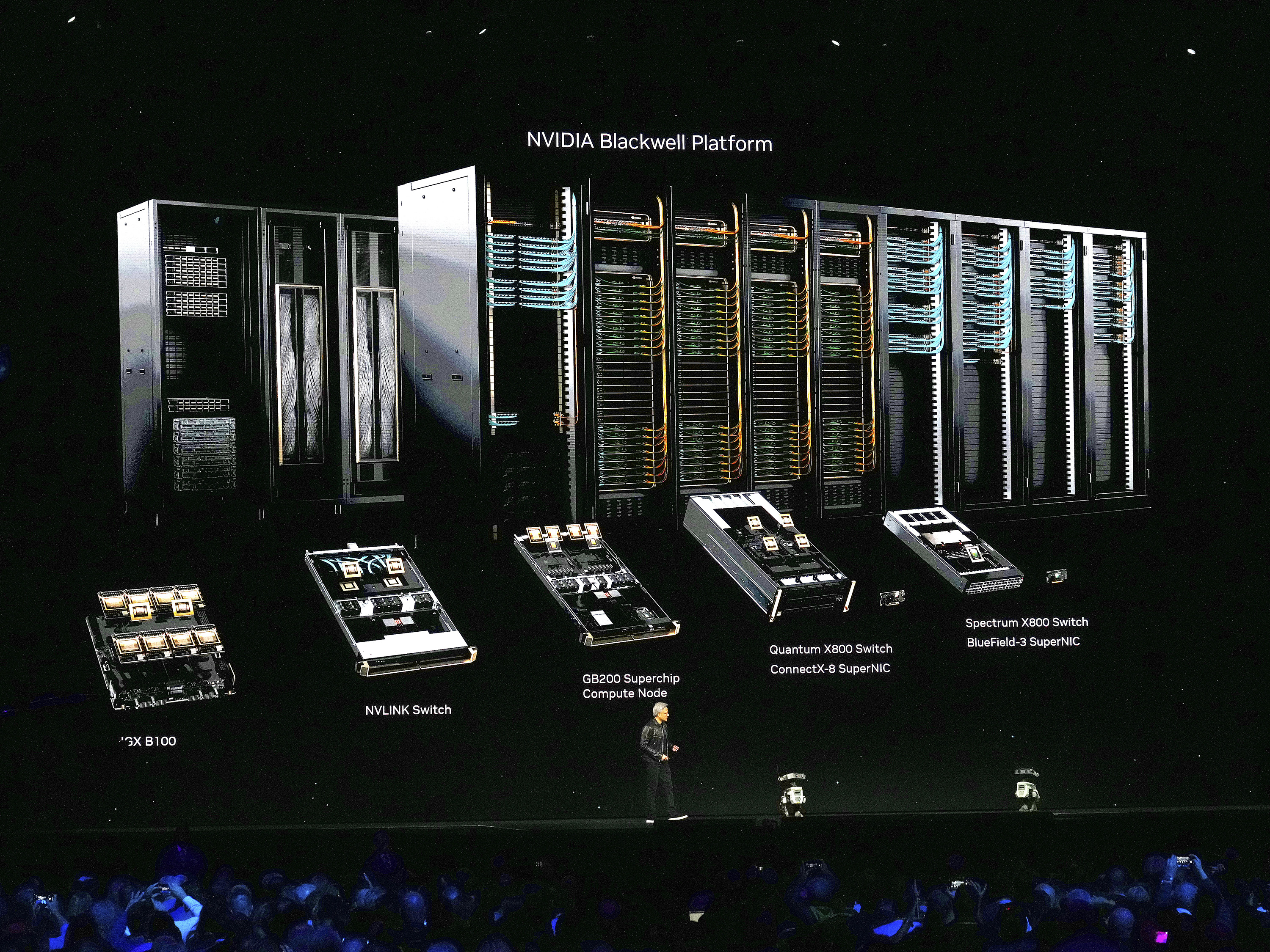 Some of Nvidia's product line displayed as Jensen Huang, the company's chief executive, speaks in California earlier this year. Photo / Jim Wilson, The New York Times