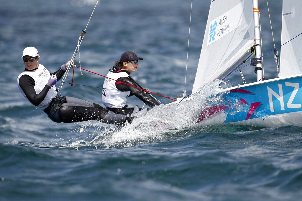Jo Aleh and Olivia Powrie on their way to winning gold at the London Olympics. Photo / AP