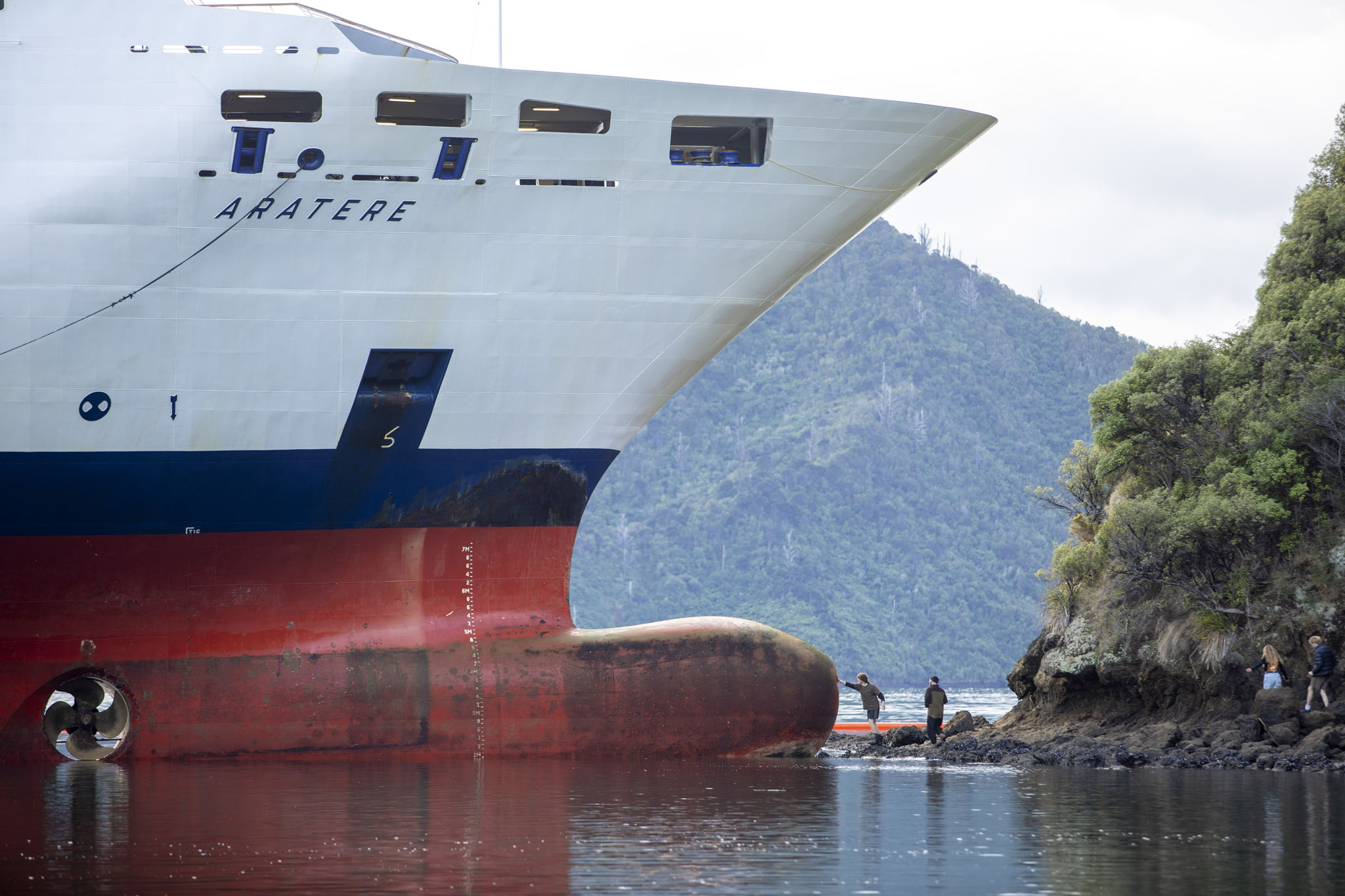 A member of the public reaches out to touch the bow of the stranded Interislander ferry Aratere, Picton. Photo / Tim Cuff