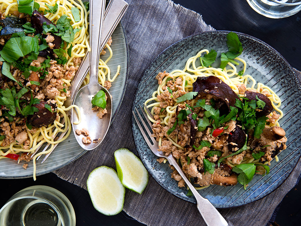 Chicken and mushroom larb on noodles. Picture / Babiche Martens.