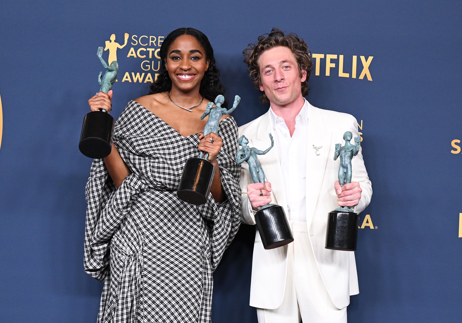Ayo Edebiri and Jeremy Allen White won Outstanding Performance by a Female and Male Actor in a Comedy Series for The Bear. Photo / Getty Images