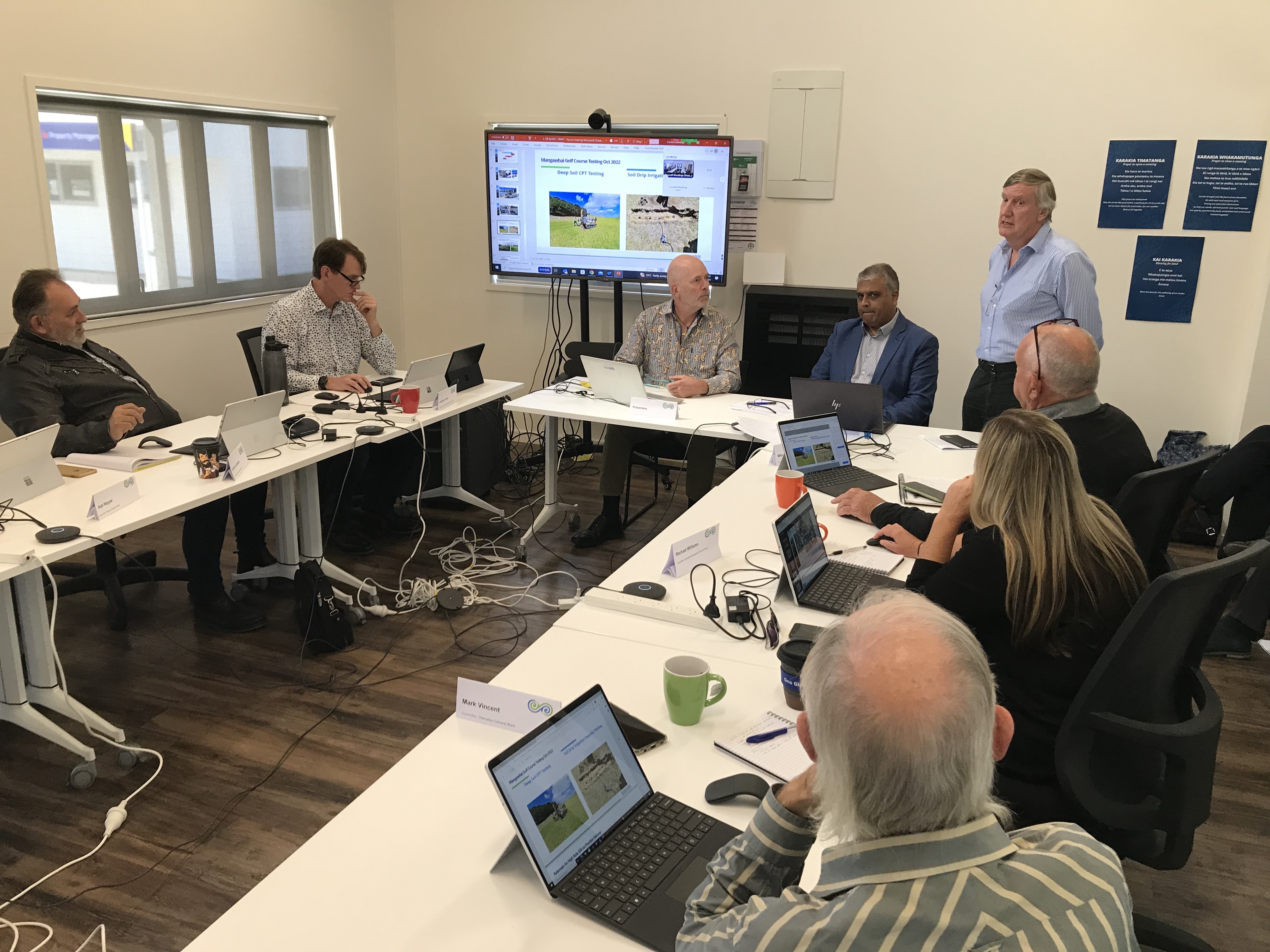 Wastewater irrigation specialist Peter Gearing (standing) addresses KDC’s briefing meeting about the Mangawhai community wastewater scheme expansion and upgrade