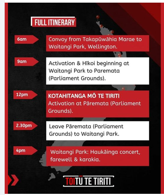 The itinerary of the hīkoi for its final day as it travels through Wellington to Parliament. Photo / Toitū Te Tiriti