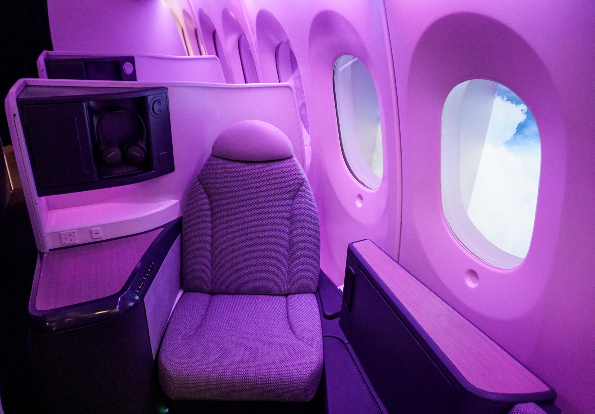 Air New Zealand new Business Premier seats have raked back their herringbone slant. Photo / Grant Bradley