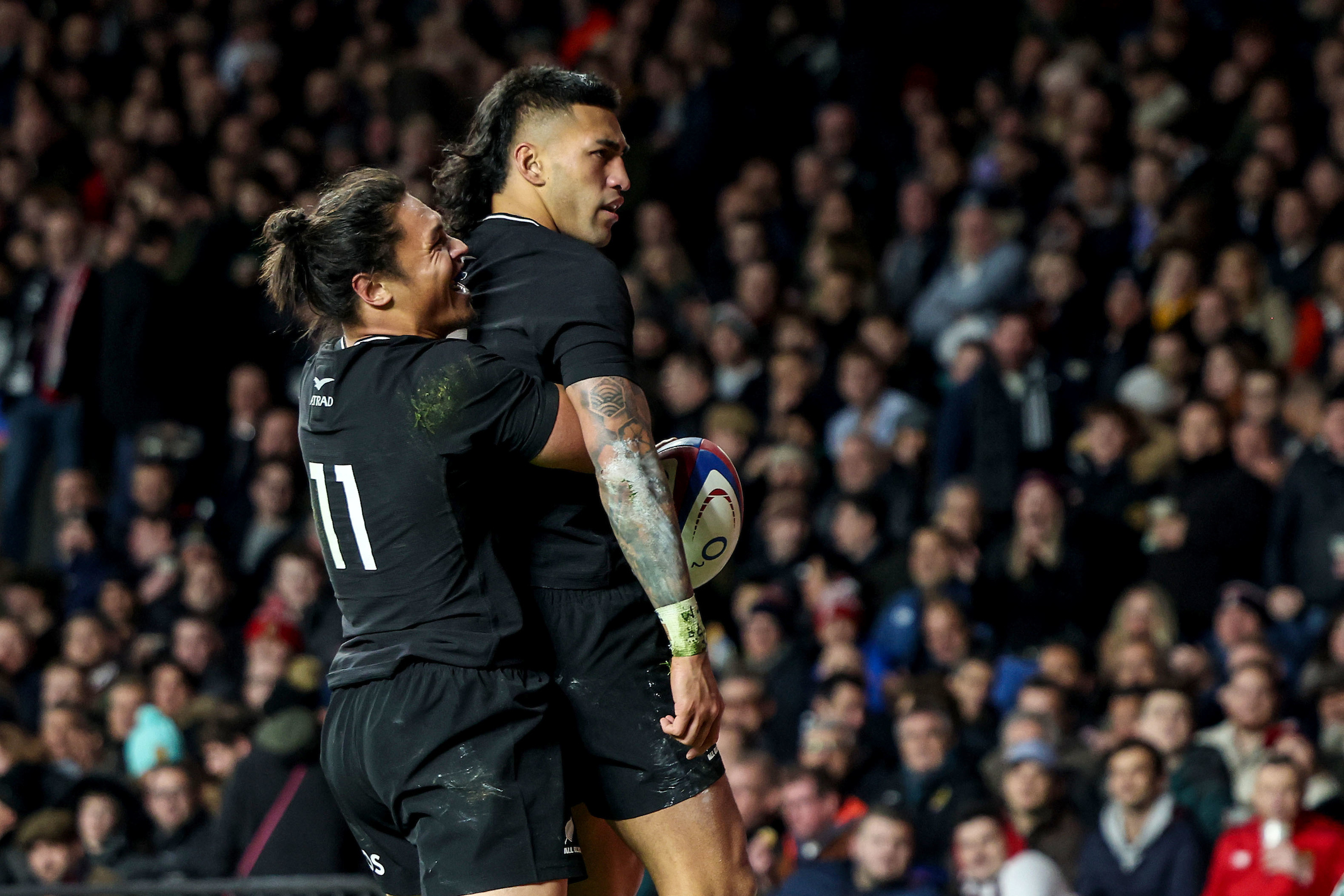 Rieko Ioane celebrates his try with Caleb Clarke. Photo / Photosport