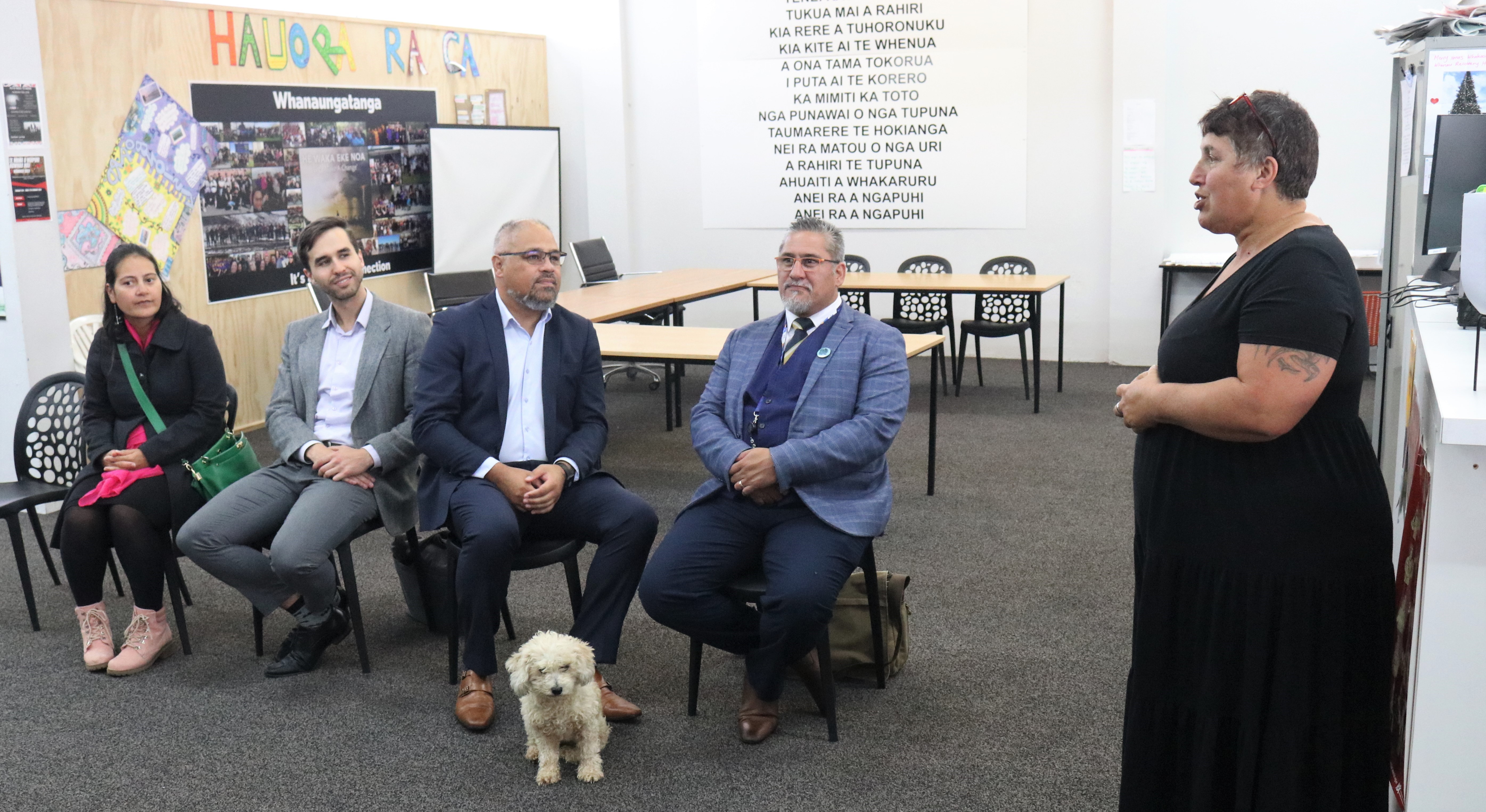 Whakaoranga Whānau Recovery Hub kaiwhakahaere (manager) Rhonda Zielinski-Toki addresses Associate Health Minister Peeni Henare. Photo / Peter de Graaf