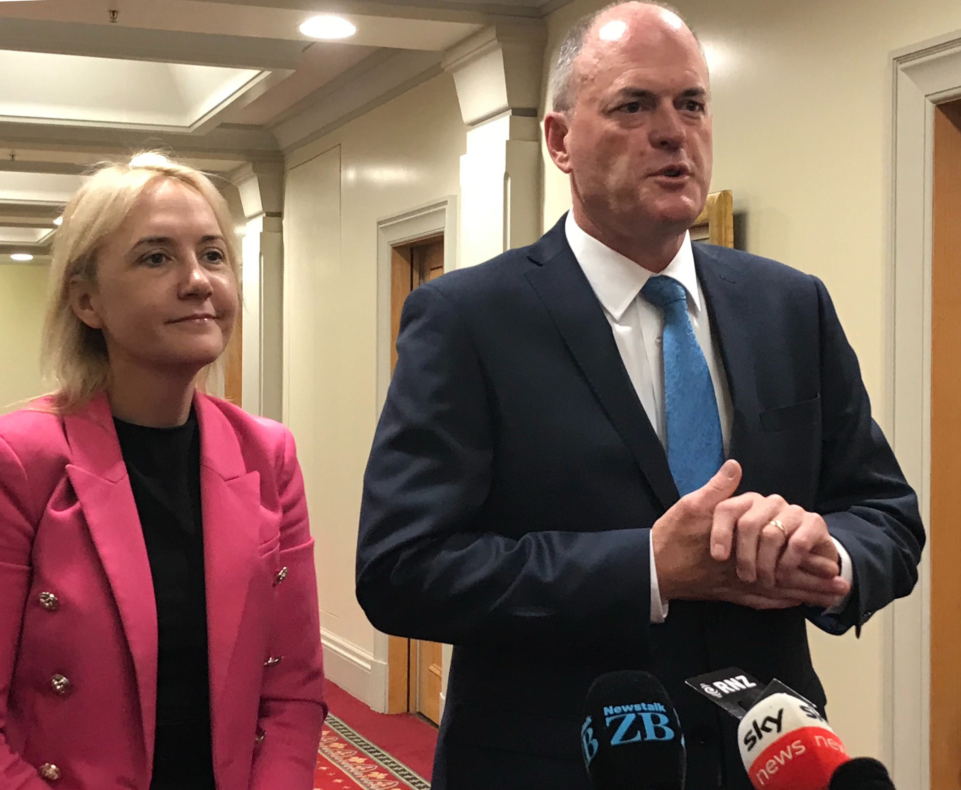 National Party leader Todd Muller and deputy Nikki Kaye talk to media after the first National Party Caucus meeting in Parliament. Photo / Audrey Young