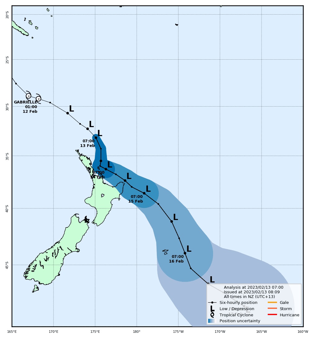 Gabrielle's track, as at 7am Monday morning. Source / MetService