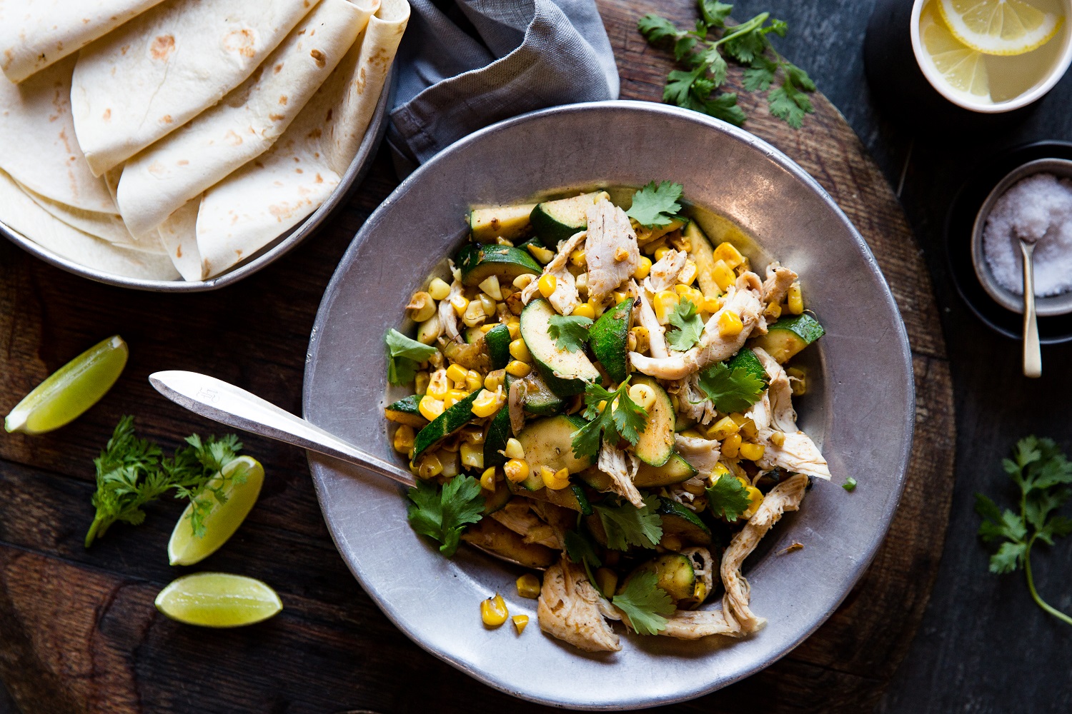 Spiced corn, courgette and chicken salad. Photo / Babiche Martens