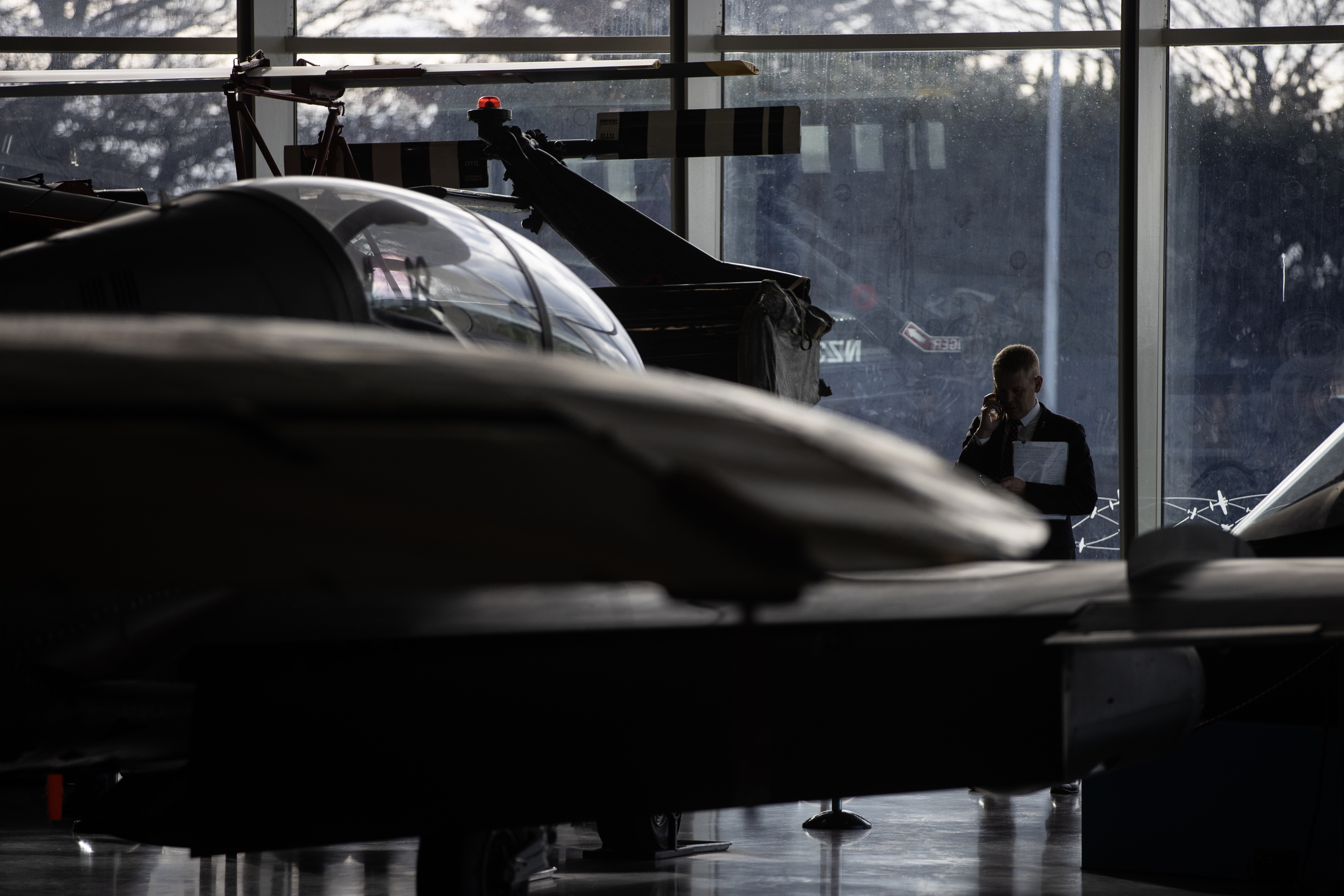 Prime Minister Chris Hipkins jetted into Christchurch today to speak to the Canterbury Chamber of Commerce at the Air Force Museum. Photo / George Heard