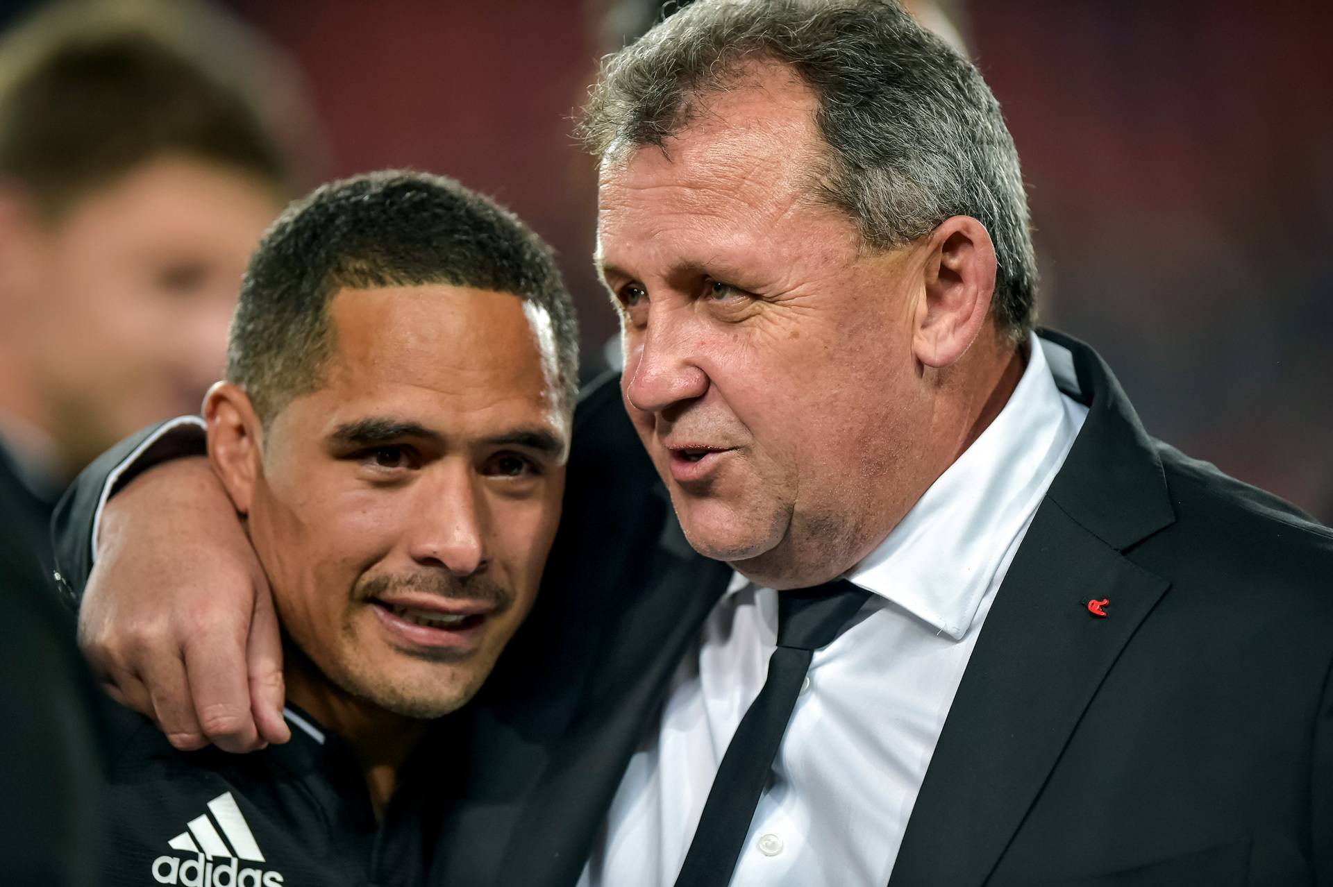 Ian Foster (right) with halfback Aaron Smith after a key victory against the Springboks. Photo / Photosport