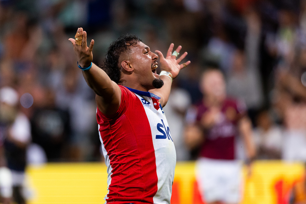 Moana Pasifika No 8 Semisi Tupou Ta'eiloa celebrates. Photo / Photosport