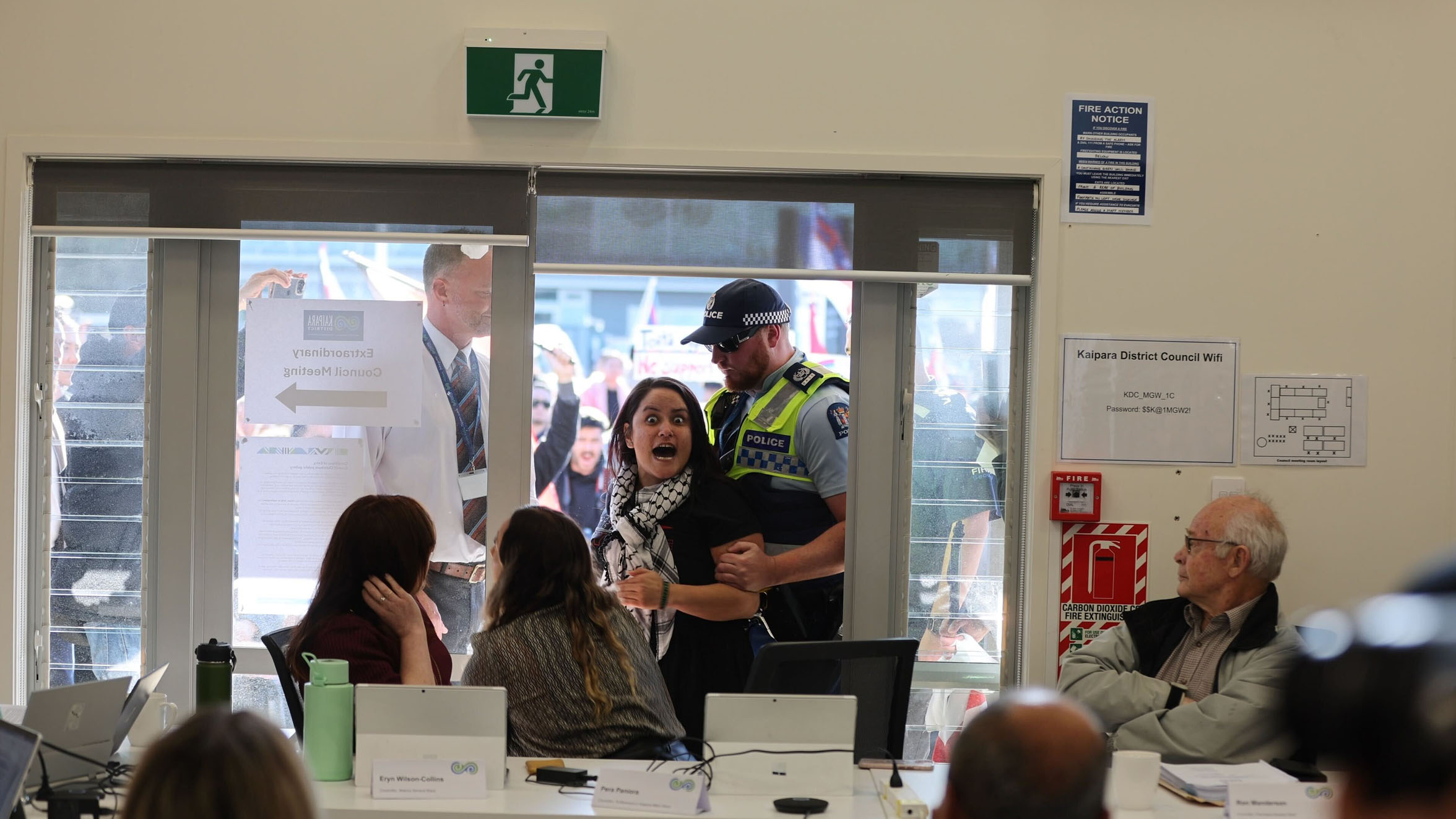 A Kaipara District Council meeting was disrupted by protesters this morning. Photo / Michael Craig