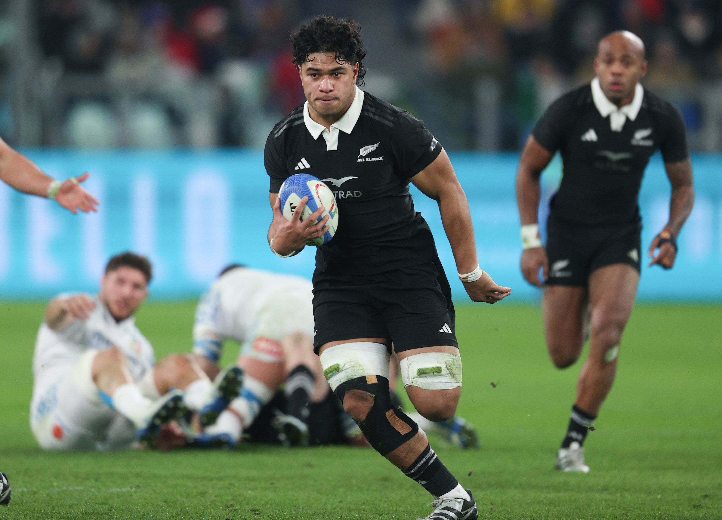 Wallace Sititi, pictured playing against Italy last year, was named the All Blacks player of the year in his rookie test season. Photo / Photosport