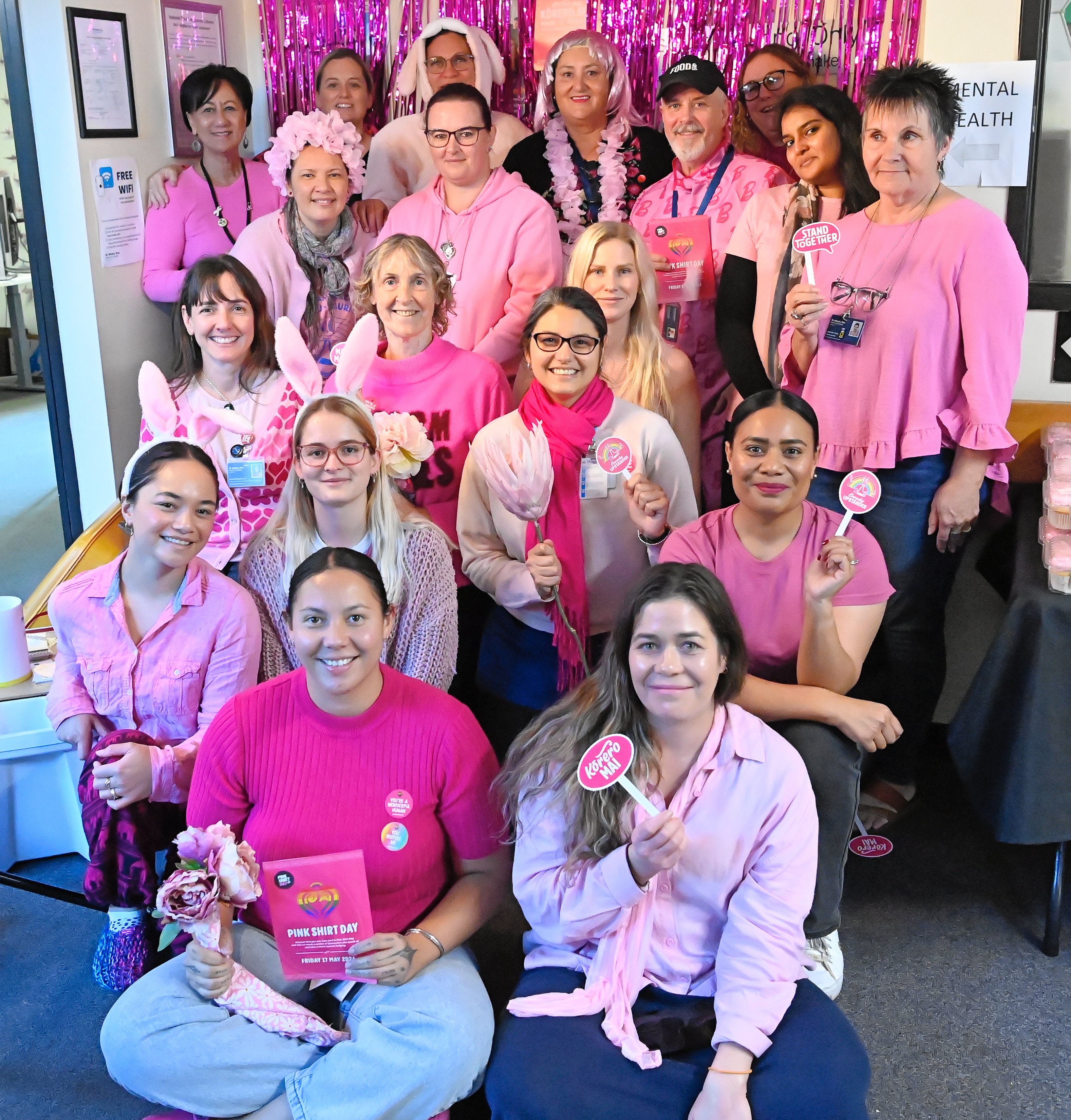 Gisborne Hospital staff got into the spirit of Pink Shirt Day, which highlights anti-bullying in all forms.  Photo / Paul Rickard
