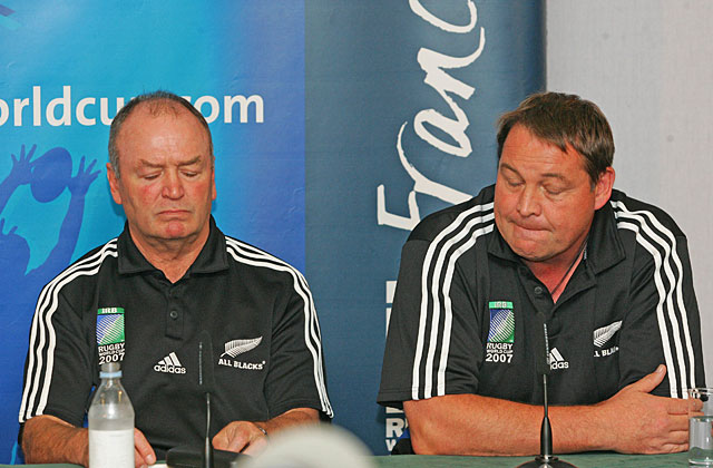 All Blacks coach Graham Henry (left), pictured with his assistant coach Steve Hansen in Cardiff, is on the receiving end in Wayne Barnes' new book. Photo / Brett Phibbs