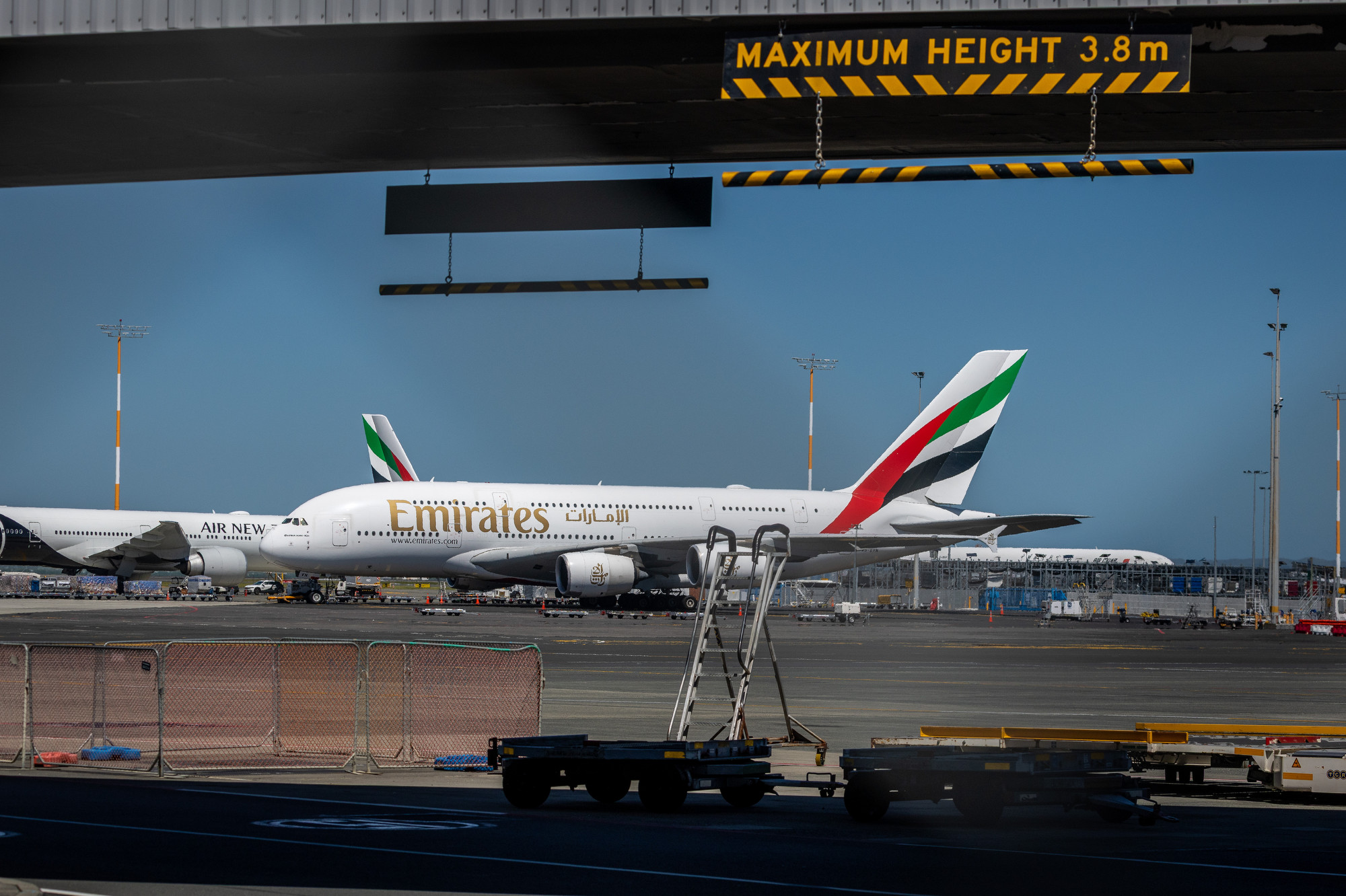 An Emirates Airbus A380 grounded at Auckland Airport on Monday. Photo / Michael Craig