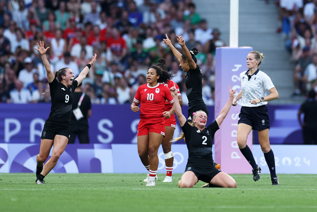 The Black Ferns sevens celebrate after beating Canada in the women's sevens final at the Paris Olympics. Photo / Getty Images