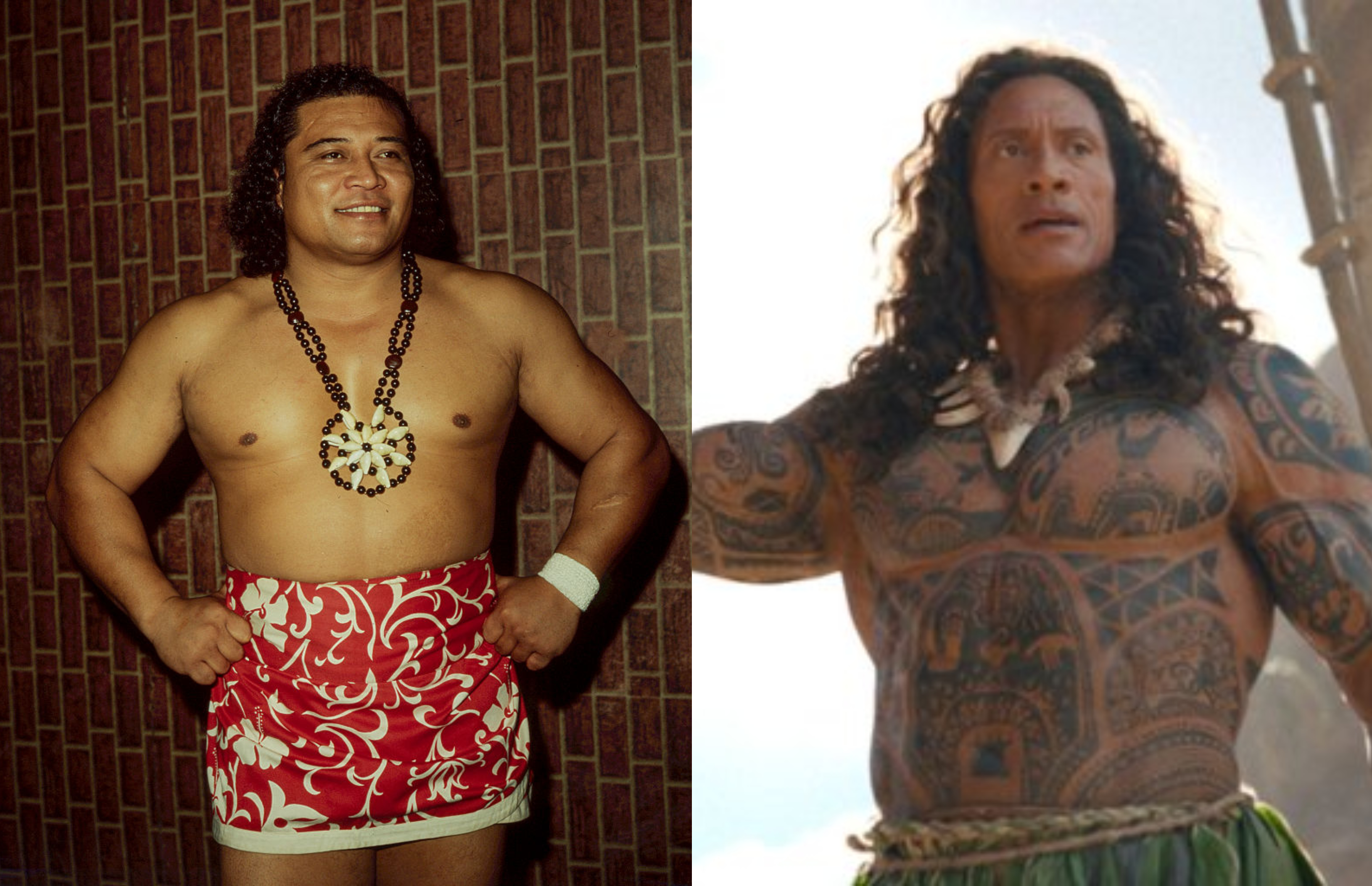 High Chief Peter Maivia and Dwayne Johnson as Maui. Photos / Getty Images and Disney