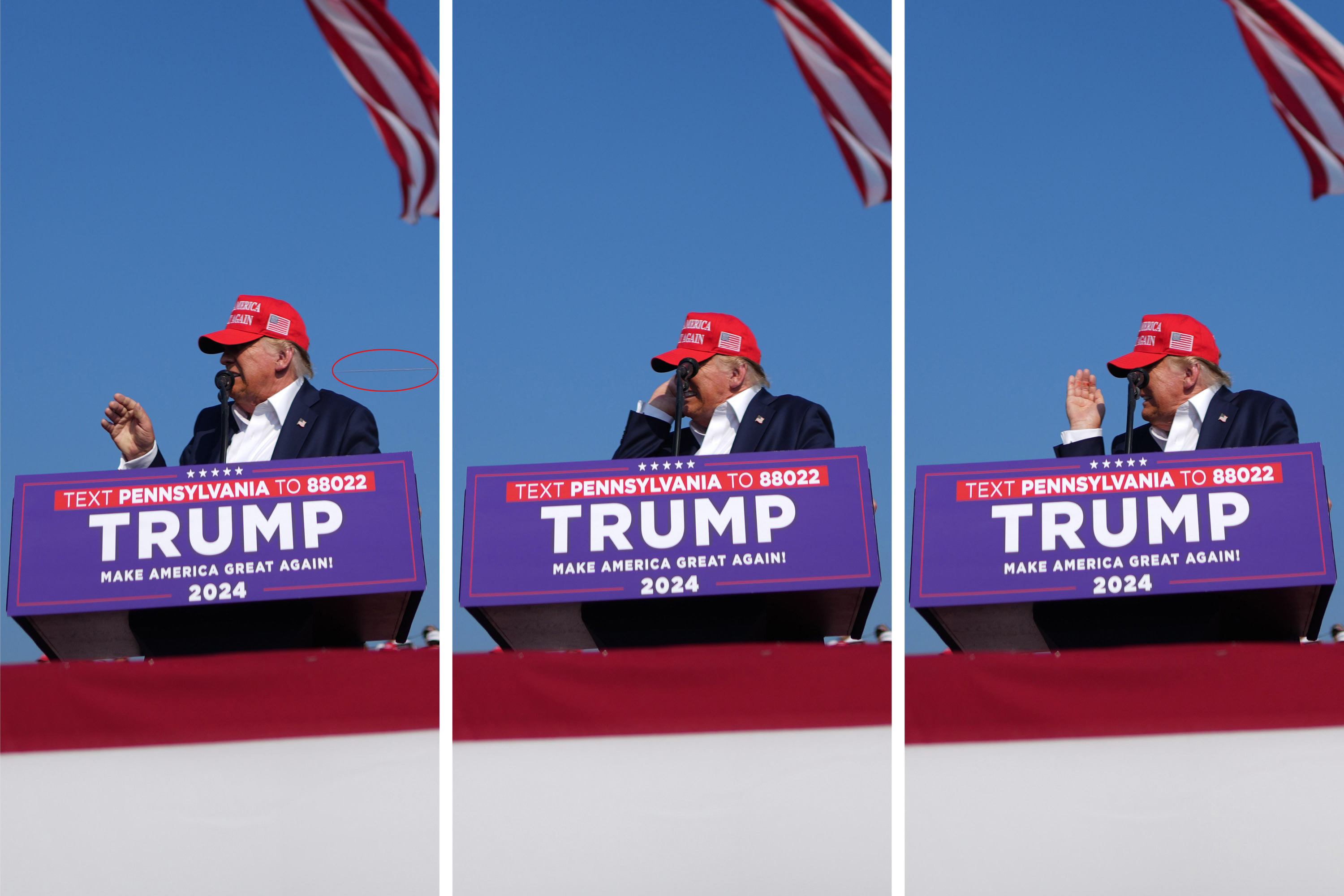 A composite image showing what appears to be a bullet passing by Trump during a rally. Photo / Doug Mills, The New York Times