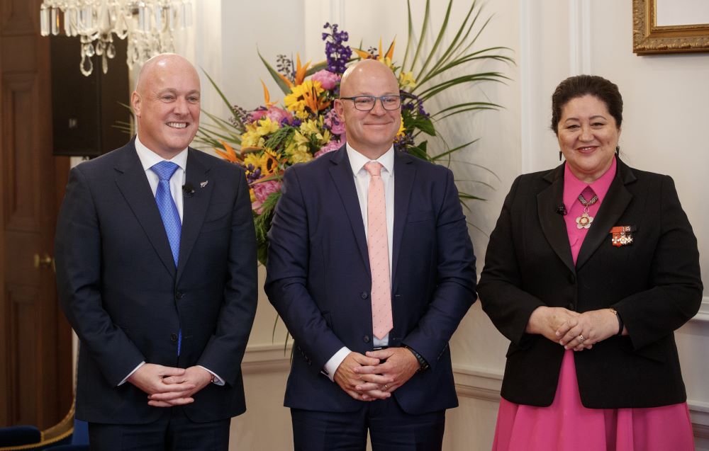ACC Minister Matt Doocey with Prime Minister Christopher Luxon and Governor-General Dame Cindy Kiro after the swearing-in ceremony at Government House in Wellington on November 27, 2023. Photo / Mark Mitchell