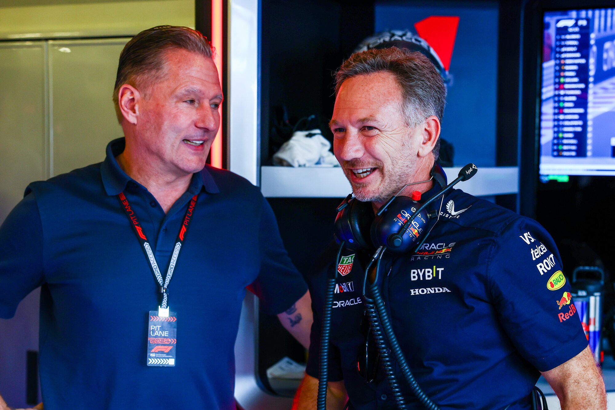 Jos Verstappen (left) and Christian Horner together in vaguely happier times. Photo / Red Bull