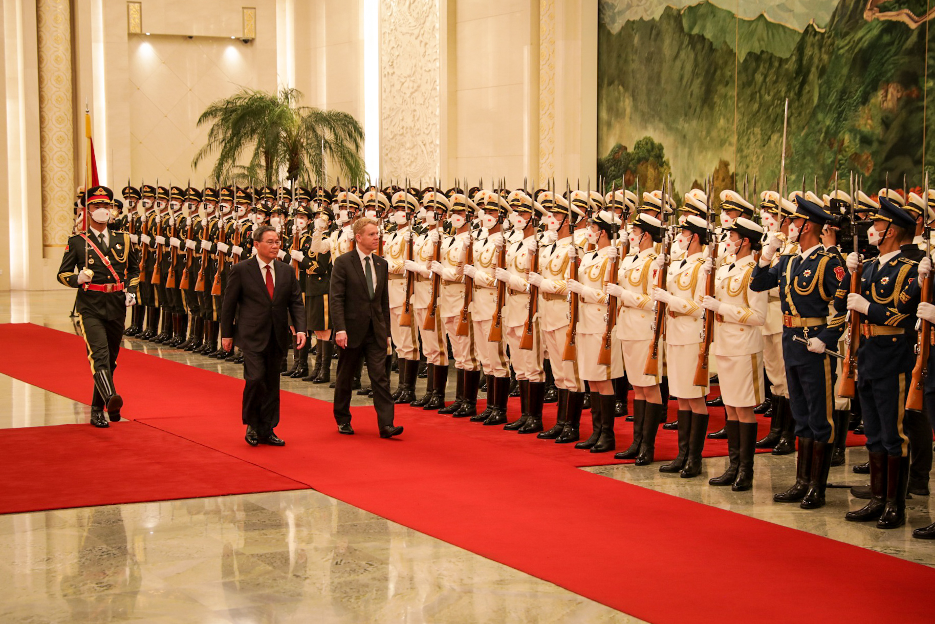PM Chris Hipkins meets Chinese Premier Li Qiang at the Great Hall of the People in Beijing, China. Photo / Nathan McKinnon, RNZ