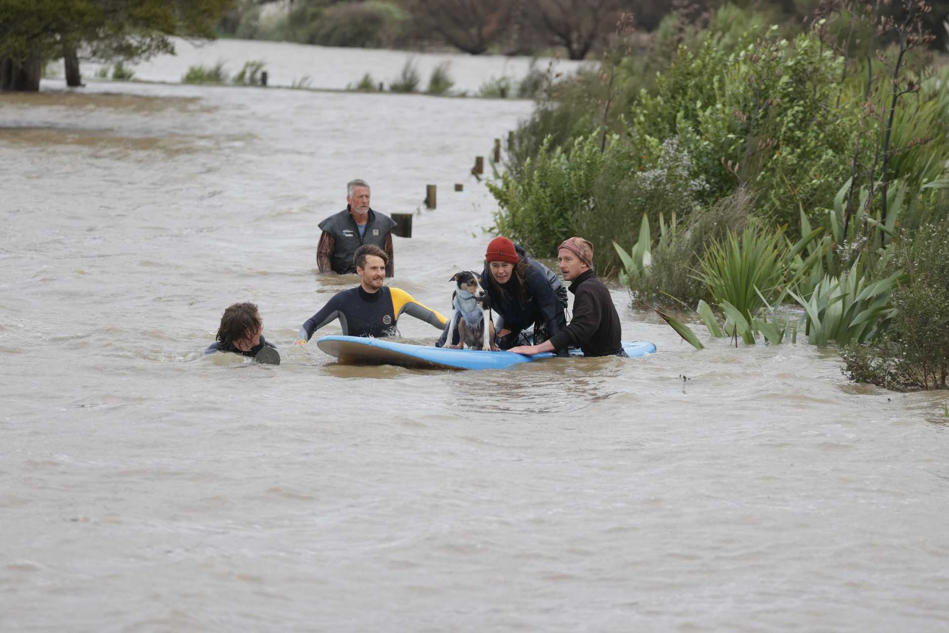 A farmer and farmhands make their way through floodwaters after moving stock at a Woodhill farm in West Auckland. Photo / Brett Phibbs